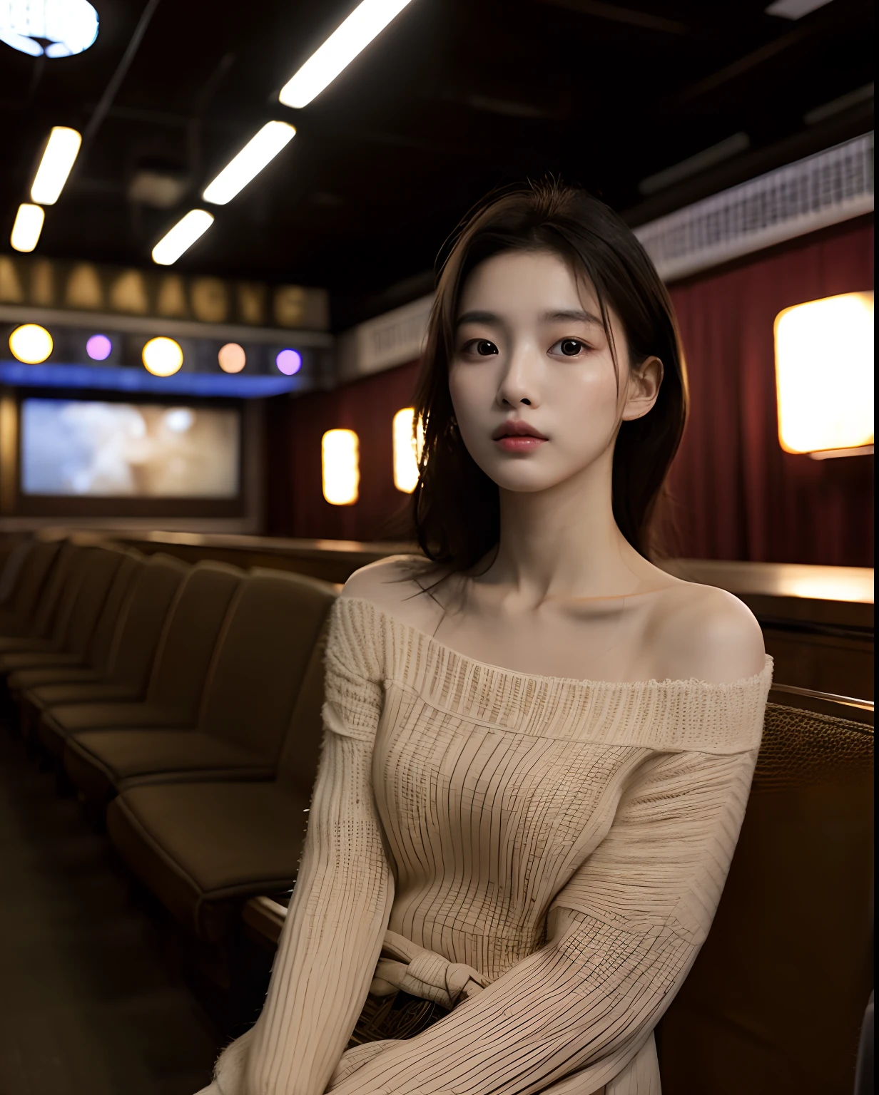 Cinematic Photo of a beautiful korean fashion model, 20 years old, perfect body, perfect skin, tied up hair, delicate face, fair eyes, small loose dress, knit long sleeve, small black handbag, good posture, sitting in seat, broadway theatre setting, indoor setting, many people in the background, theatre lighting