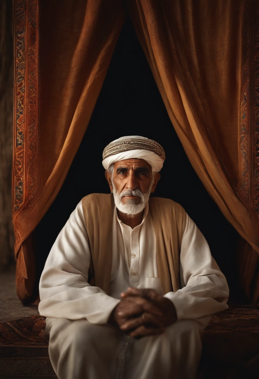 a wise old arab man appears to be wise and dignified by the fact that he is in the middle of the screen looks at the screen