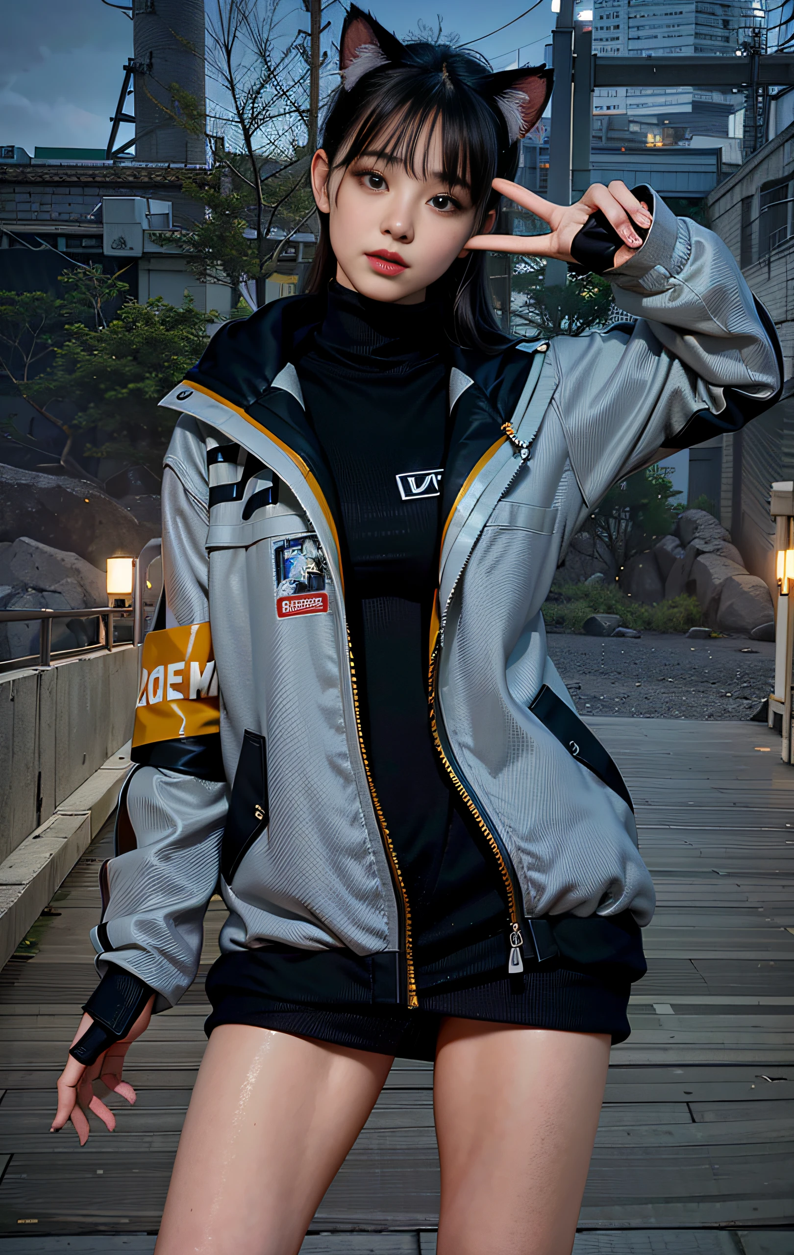 (Highest quality:1.2)。One Woman。Glasses。Angry expression。(Wearing a black jacket)。(standing)。The background is a white。(the word "DELA" is written large on the jacket )