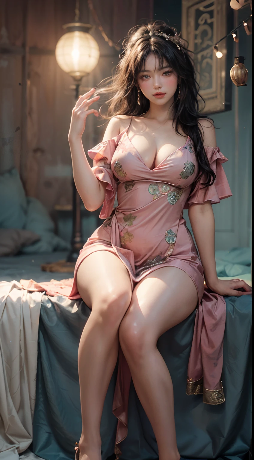 The art depicts a charming woman dressed in a flowing, silky traditional oriental dress, pink, decorated with intricate patterns and bright colors. Her dress drapes elegantly over her curvy figure, accentuating her seductive silhouette. She stood gracefully in the quiet moonlit night, bathed in the soft glow of the moonlight. The scene exudes an ethereal and dreamy atmosphere, with a touch of mystery and sexiness. The graphic style blends watercolor and digital illustration techniques to evoke a refined beauty and charm. The lights are filled with soft moonlight, casting soft highlights and shadows on her charming features. Bare thighs, big breasts, three-dimensional facial features, sitting, upturned legs, clear eyes