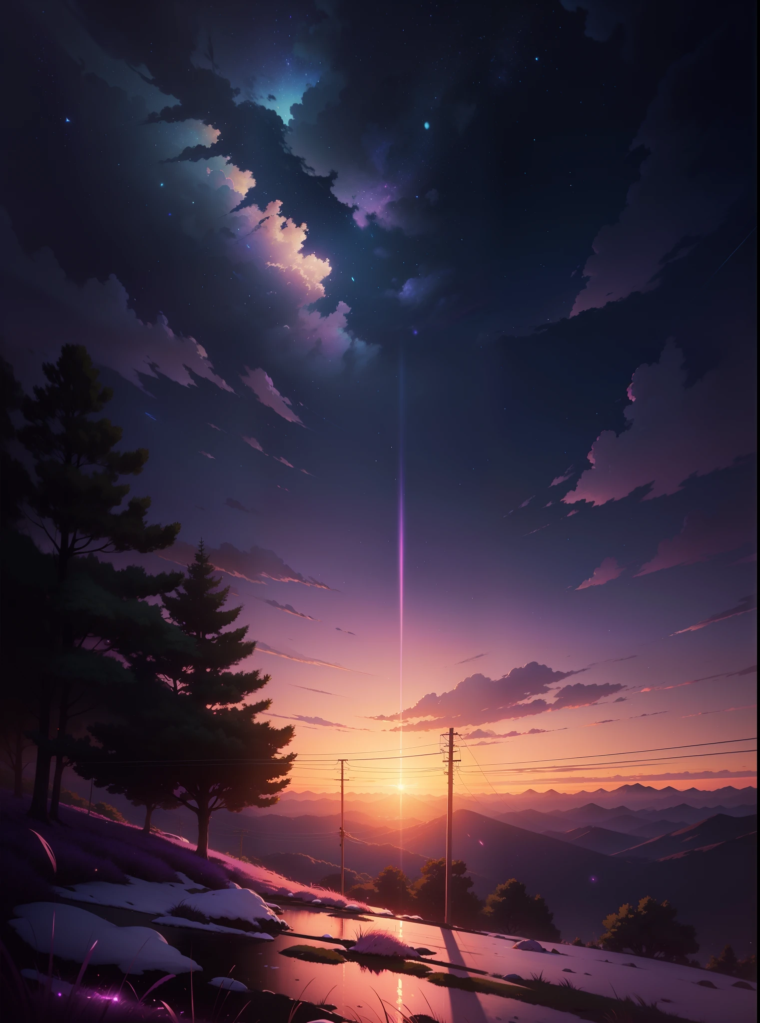 The picture is bright and well lit. no humans. (((Makoto Shinkai style)),pixiv,anime drawing,high quality,pink purple sky,beautiful scene),(universe,train passing,magical realism,((makoto shinkai style)) ::0.8), [Artistic Atmosphere, Atmosphere:0.8, Starry Sky, Hills, Snow Mountain, Sparkling Water, Grass, Trees, Smoke, Stars, Low Angle of View, Specular Scattering,