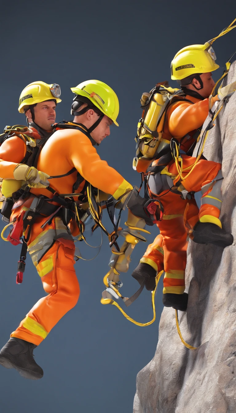 Personnel conducting rope rescue training，(A group of climbers:1.1),Rescue operations,action sports,Climbing,Cord,Courage,(Heroic rescue scene:1.2),Emergency Response Team,full body shot of, (Jaw-dropping effect), ,(Studio lighting), hyper HD,