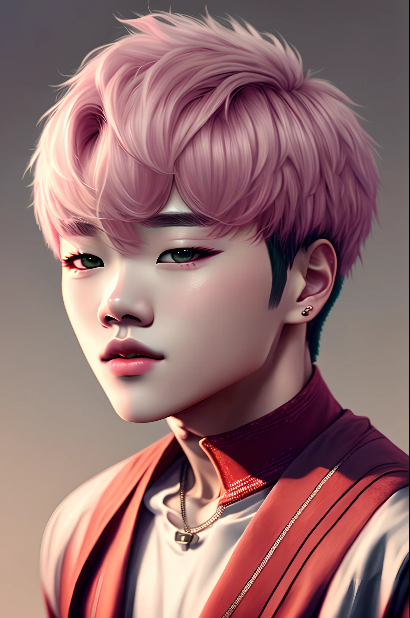 Park Jimin com cabelos roxos e longos, olhos cor de mel, rosy lips , usando um vestido vermelho longo e decotado