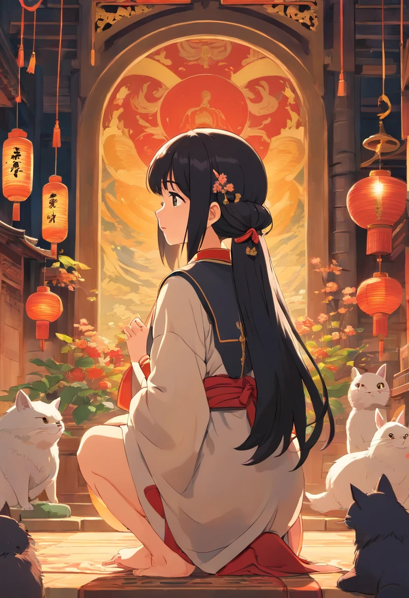 Oriental black straight-haired goddess， Give things to the people，There were some people kneeling in front of them