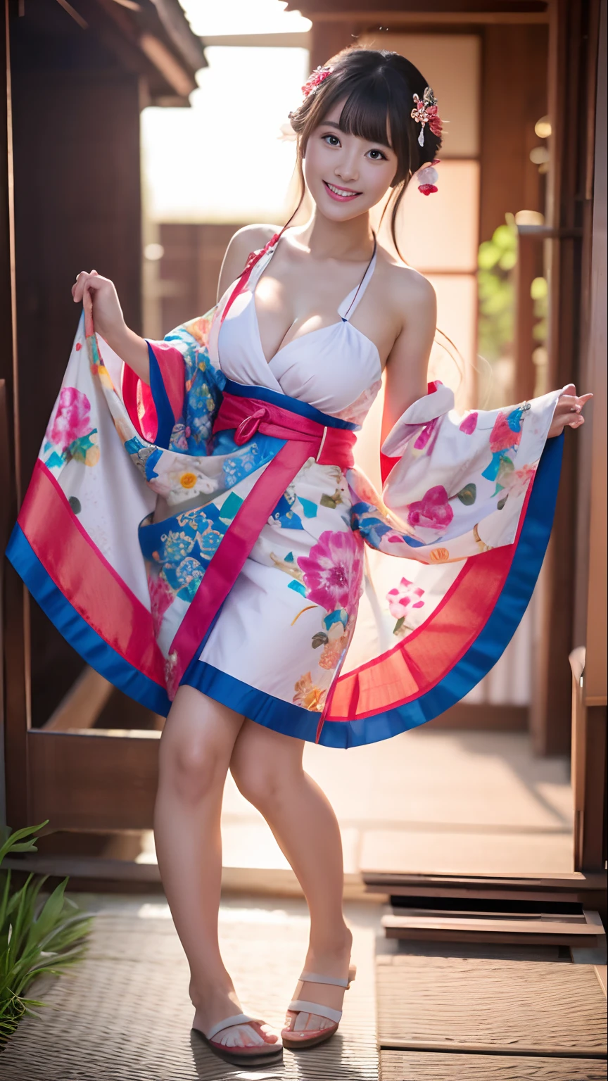 8K Masterpiece Raw photo Best Quality Japanese Yukata goddes femele (Show all shoulders) Night festivities Show thighs a miniskirt full body Esbian No shoulder straps, Kanzashi on the head Waist-deep slit Moderately large breasts oblique Natural light A smile