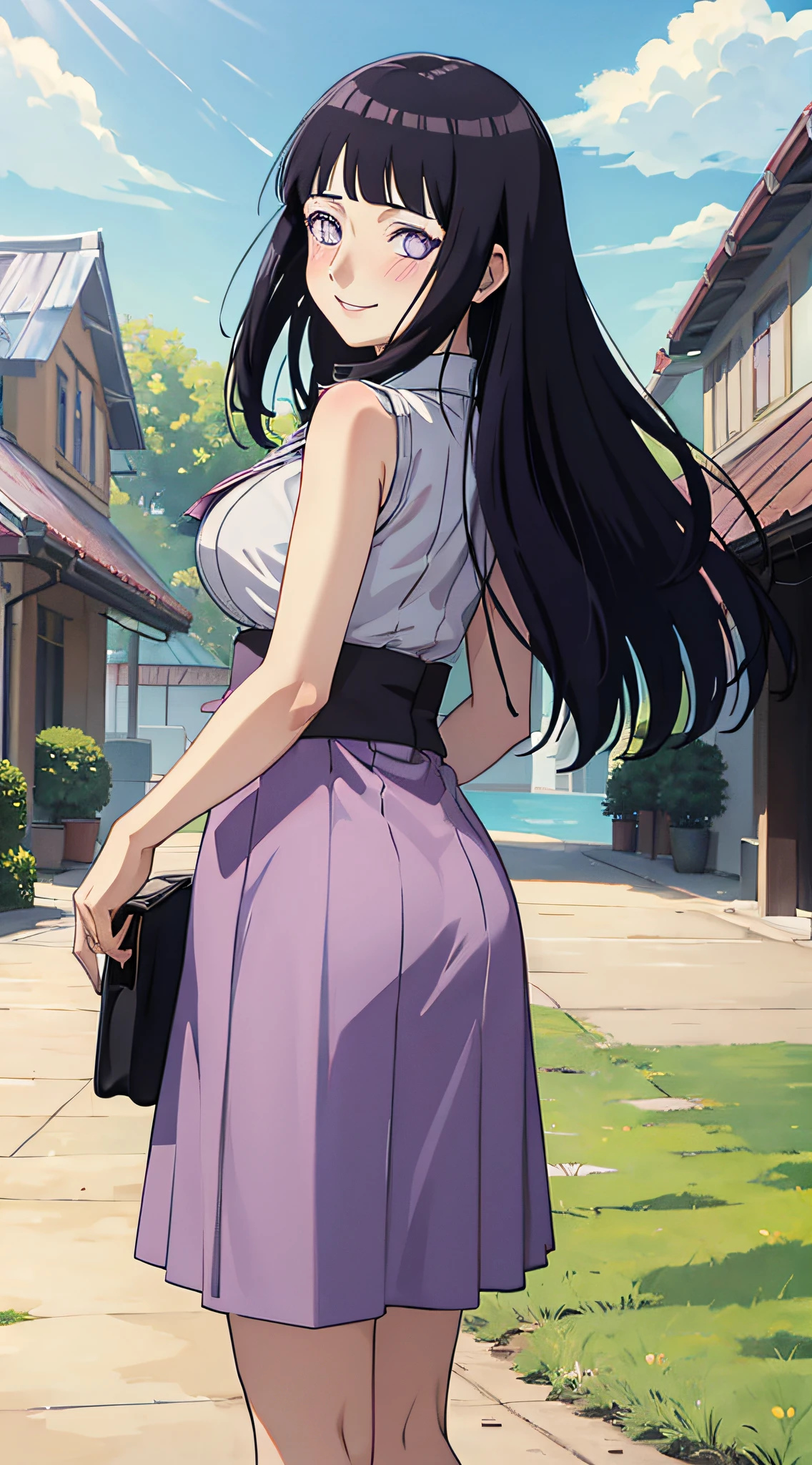 (((masterpiece))), HinataHyuga, blush, smile, 1girl, solo, long hair, looking at viewer, large breasts, black hair, purple eyes, outdoors, sky, sleeveless, looking back, blunt bangs, white eyes,  Northern Europe,