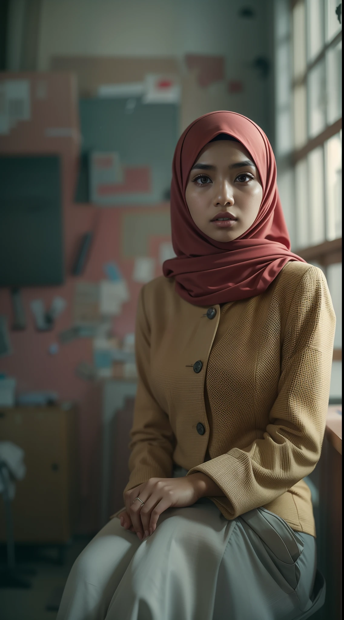 A malay girl in hijab and red pastel office suits in abandoned office,  8mm, Close-up shot, cool-toned color grading, depth of field, film noir