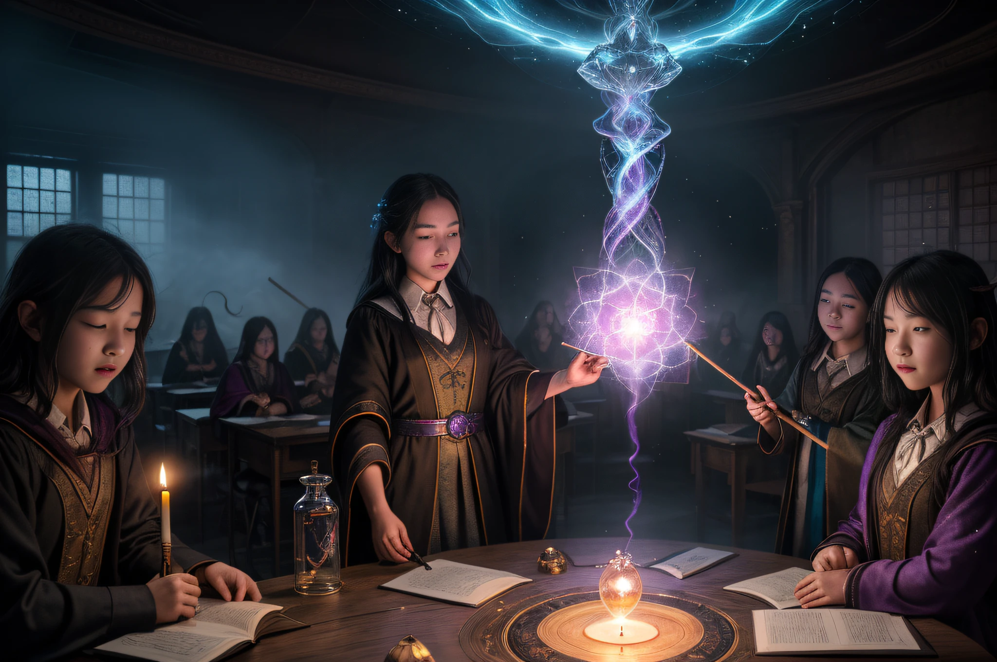 A magic class, a teacher in the background, students practicing magic spells, a colorful magic aura, glowing wands, smoke and fog enveloping the room, magic books and scrolls, flickering candles, glowing crystals and potions, an old wizard's robe, gestures casting spells and enchantments. Arcane symbols and seals engraved on the walls, mysterious and enchanting atmosphere, vibrant and dynamic energy, captivated expressions on students' faces, awe and wonder in their eyes, hands-on demonstrations and experiments, interactive and engaging teaching style, energy vortex magical. in the center of the room, whispers of ancient spells echoing in the air, illustrated diagrams and diagrams on the blackboard, familiar and magical creatures watching the class, lively and lively discussions, sparkling stardust scattered around the classroom, hidden secrets and potentials untapped, transformation and metamorphosis, pursuit of knowledge and wisdom in the realm of magic, unleashing the power of imagination. (best quality, 4k, 8k, high resolution, masterpiece: 1.2), ultra-detailed, (realistic, photorealistic, photorealistic: 1.37), HDR, UHD, studio lighting, ultra-fine photography, sharp focus, physics-based rendering Detailed Description extreme, professional, vivid colors, bokeh, portraits, landscapes, horror, anime, science fiction, photography, concept artists, bright and fantastic colors, soft and ethereal palette, subtle and dramatic lighting effects, bright and radiant atmosphere.(Image taken with a high-end professional camera: 1.3),Tolkien style