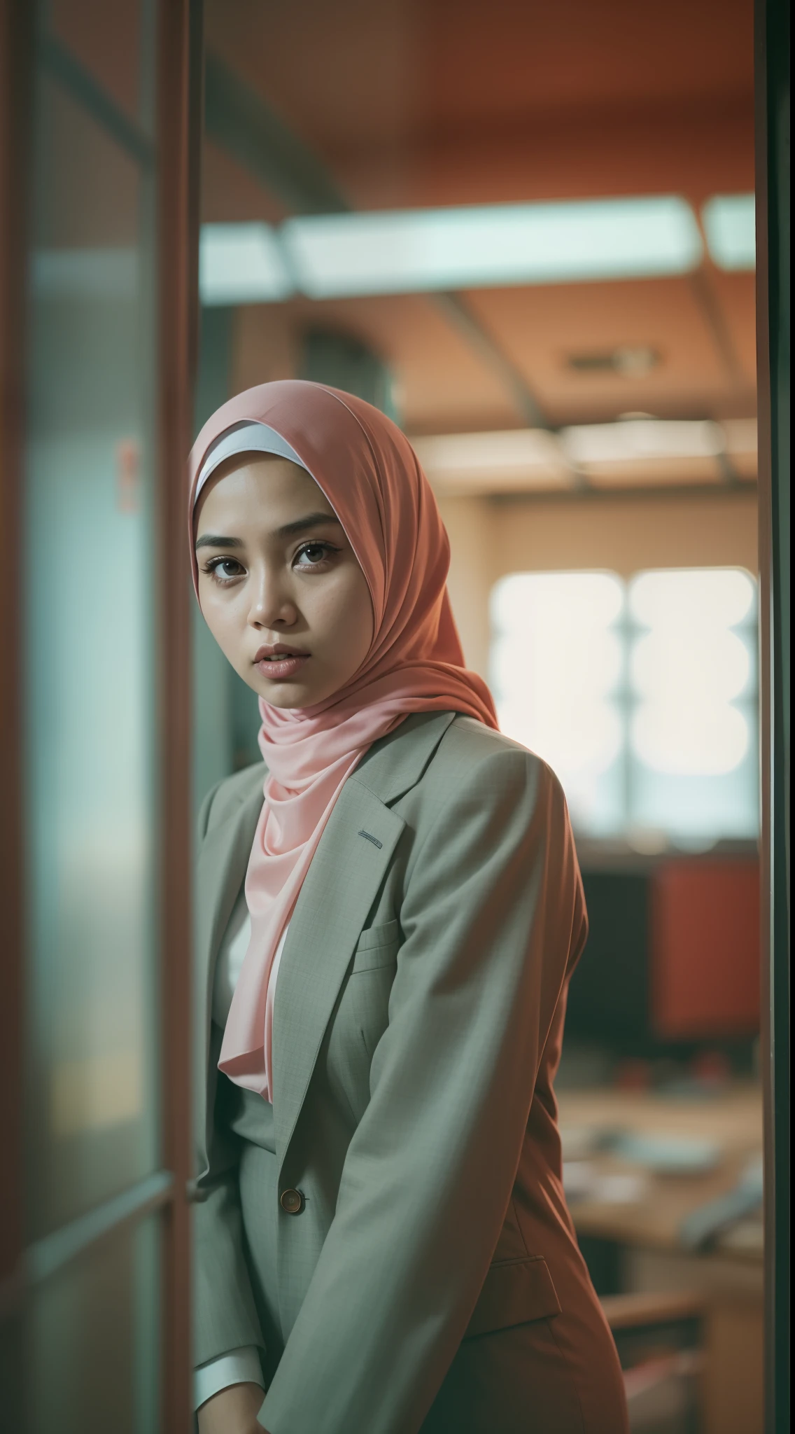 A malay girl in hijab and red pastel office suits in abandoned office, 8mm, Close-up shot, cool-toned color grading, depth of field, film noir