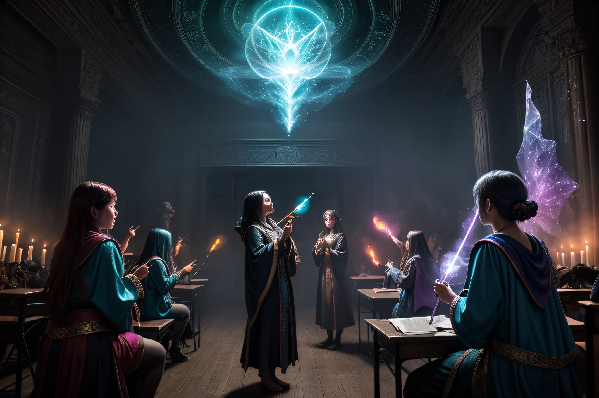 A magic class, a teacher in the background, students practicing magic spells, a colorful magic aura, glowing wands, smoke and fog enveloping the room, magic books and scrolls, flickering candles, glowing crystals and potions, an old wizard's robe, gestures casting spells and enchantments. Arcane symbols and seals engraved on the walls, mysterious and enchanting atmosphere, vibrant and dynamic energy, captivated expressions on students' faces, awe and wonder in their eyes, hands-on demonstrations and experiments, interactive and engaging teaching style, energy vortex magical. in the center of the room, whispers of ancient spells echoing in the air, illustrated diagrams and diagrams on the blackboard, familiar and magical creatures watching the class, lively and lively discussions, sparkling stardust scattered around the classroom, hidden secrets and potentials untapped, transformation and metamorphosis, pursuit of knowledge and wisdom in the realm of magic, unleashing the power of imagination. (best quality, 4k, 8k, high resolution, masterpiece: 1.2), ultra-detailed, (realistic, photorealistic, photorealistic: 1.37), HDR, UHD, studio lighting, ultra-fine photography, sharp focus, physics-based rendering Detailed Description extreme, professional, vivid colors, bokeh, portraits, landscapes, horror, anime, science fiction, photography, concept artists, bright and fantastic colors, soft and ethereal palette, subtle and dramatic lighting effects, bright and radiant atmosphere.(Image taken with a high-end professional camera: 1.3),Tolkien style