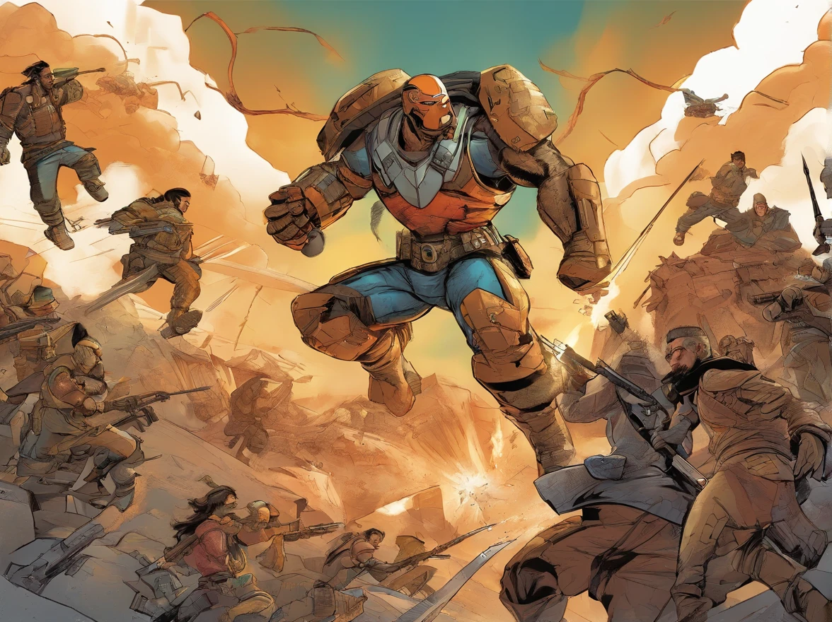 a group of highly skilled characters, intense action sequences, detailed comic book illustrations, vibrant colors, dynamic lighting, realistic art style, explosive scenes, professional production quality, precise character designs, thrilling battles, intricate backgrounds, dramatic storytelling, iconic weapons, epic fight scenes, adrenaline-filled moments, immersive art direction, diverse range of characters, powerful special abilities, engaging plot twists, visually stunning graphics, atmospheric environments, intense facial expressions, cinematic panels, captivating page layouts, high-octane adventure, strategic teamwork, global settings, futuristic technology, intense emotions, suspenseful cliffhangers, intense battle scenes, intriguing character backstories, collaborative missions, high-stakes missions, tactical warfare