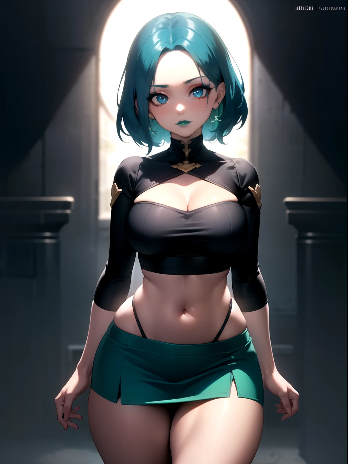 highres, masterpiece, perfect ligthing, bloom, cinematic lighting, adult, perfect skin, female,1girl,solo,blue eye,green hair, micro skirt,midriff,wide hips ,forehead,thick thighs, (shrug \(clothing\):1.4),makeup,blue lipstick,toppless