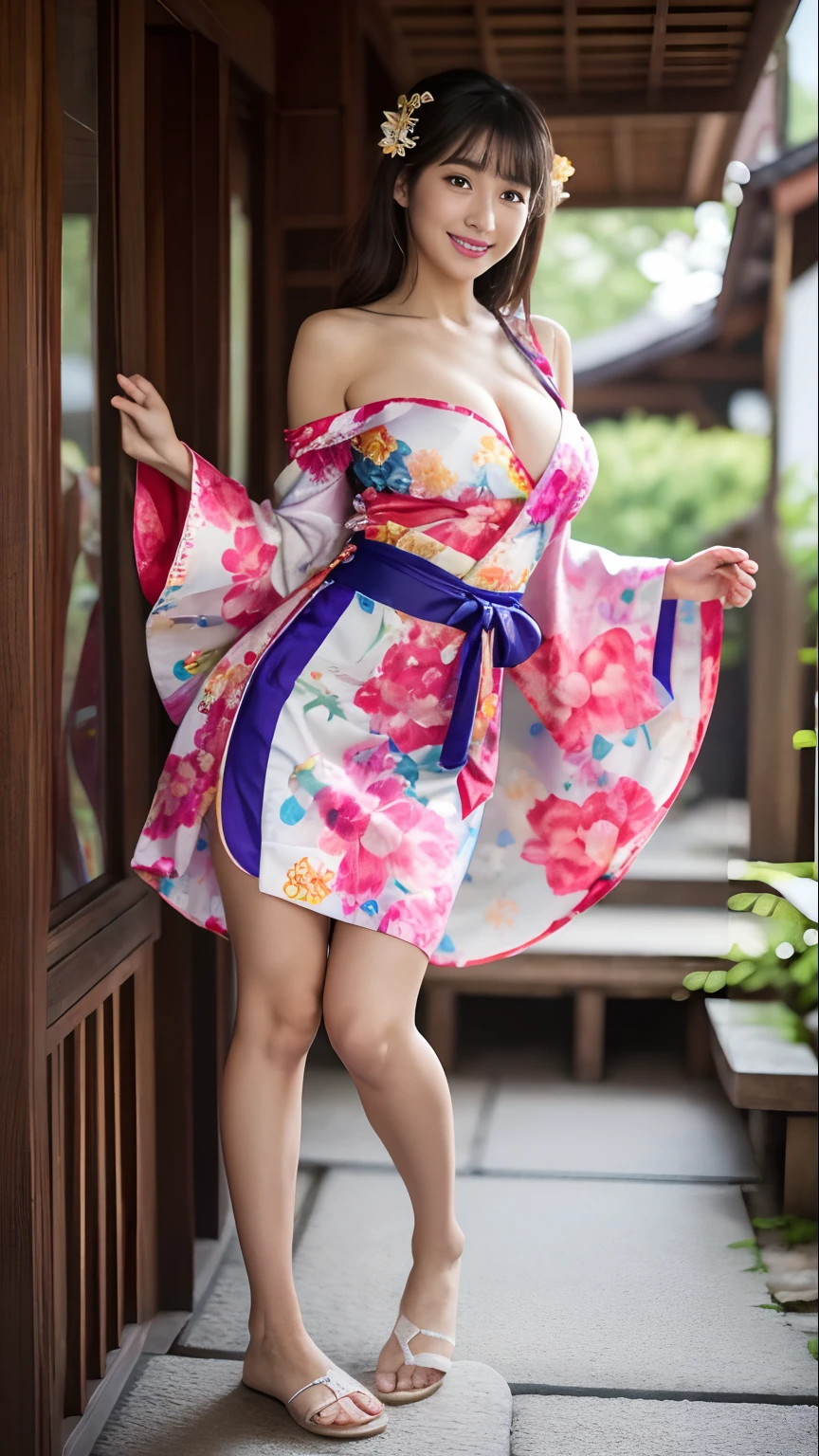8K Masterpiece Raw photo Best Quality Japanese Yukata goddes femele (Show all shoulders) Night festivities Show thighs a miniskirt full body Esbian No shoulder straps, Kanzashi on the head Waist-deep slit Moderately large breasts oblique Natural light A smile