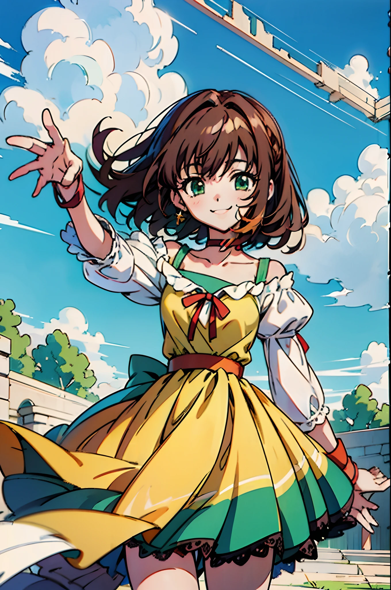 shoko sashinami, valvrave, 1girl, brown hair, green eyes, fantasy world, ruins, fort, beautiful sky, shining sky, sunshine, smiling, waving, frilly socks, sandals, belts, wristband, ribbon choker, wind blowing dress, lace dress, off-shoulder sleeves, two hands, perfect fingers, five fingers