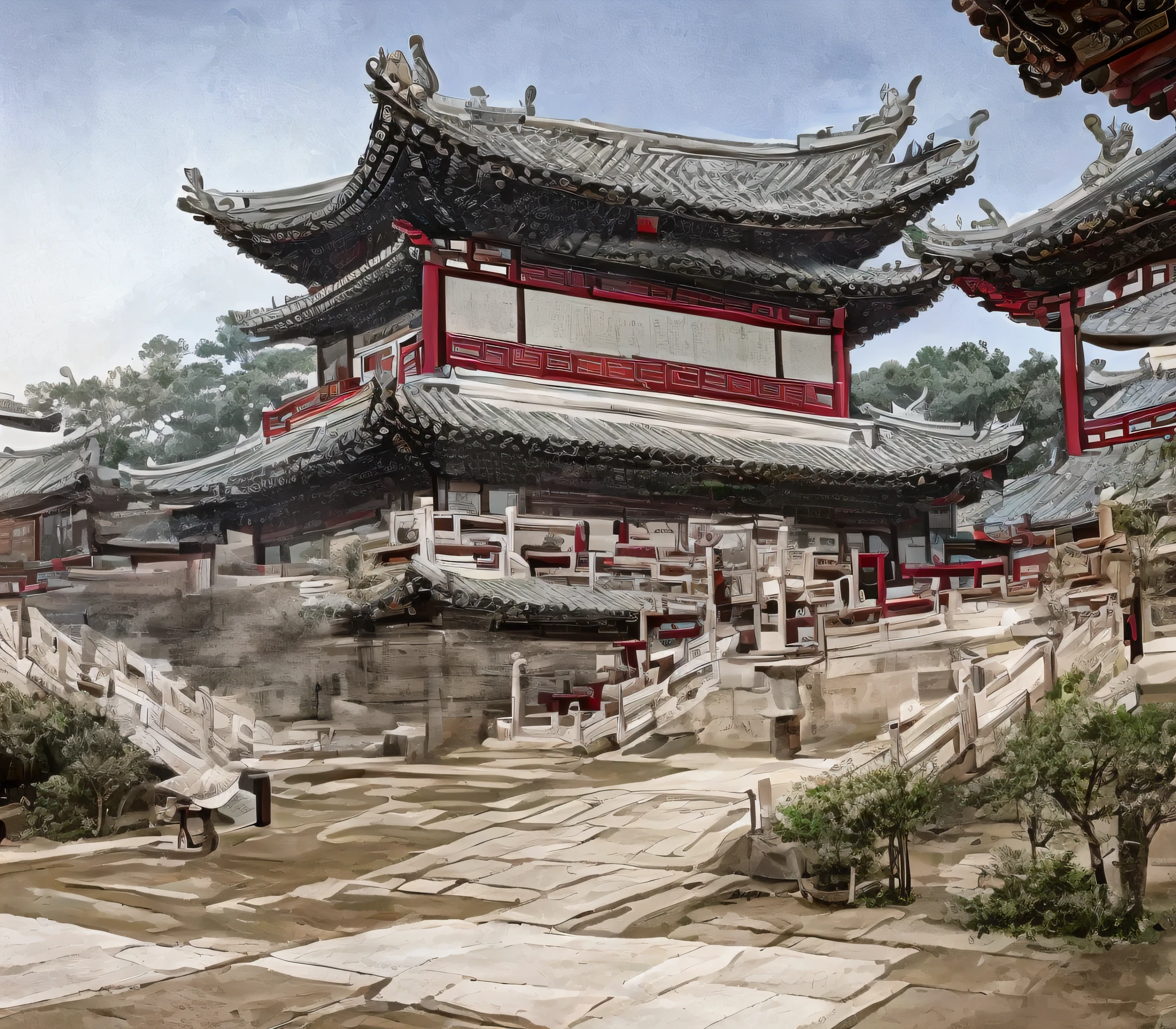 Chinese architectural painting, Beautiful rendering of the Tang Dynasty, Ancient Chinese architecture, Chinese architecture, Chinese watercolor style, inspired by Zhang Sengyao, Tang Dynasty Palace, Chinese style, background depicting a temple,There are ancient gates