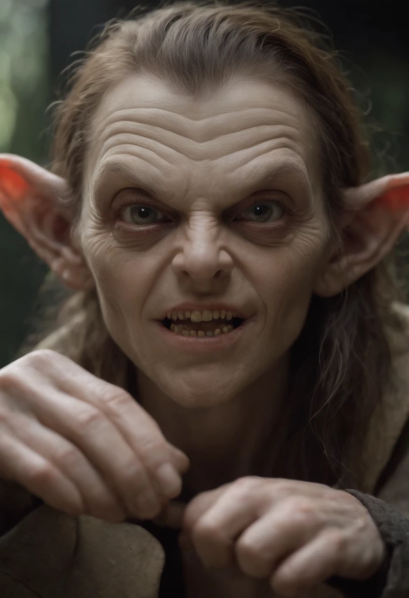 (Realistic,Photorealistic:1.37)analog photo,High-contrast lighting,Dark atmosphere,Goblin Face,Detailed and menacing eyes,sharp teeth,disheveled hair,Texture of aged paper,Film grain,gloomy background,Vivid colors,Horror theme