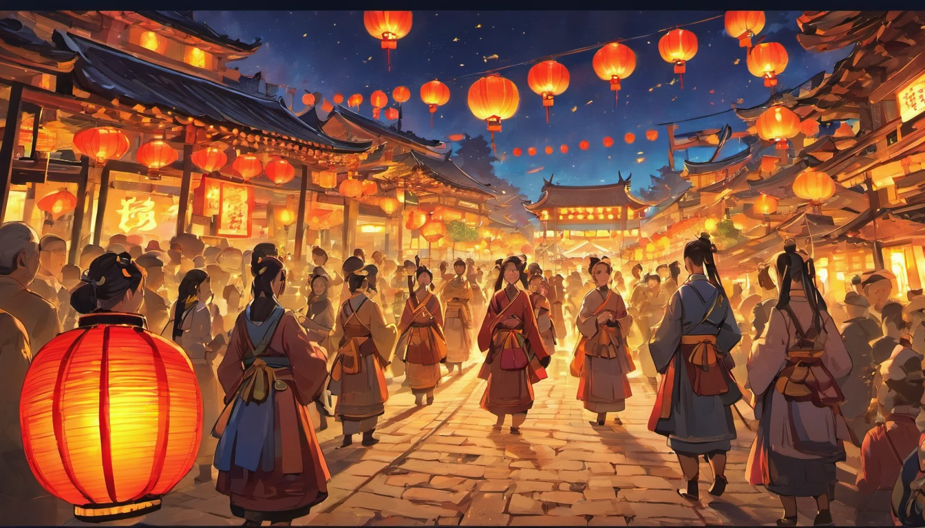 Lantern Night、Traditional celebrations
### Prompt example
memorial celebration, traditional lantern festival, village scene, colorful lanterns, glowing lanterns, joyful atmosphere, traditional costumes, historic traditions, festivities, cultural heritage, moonlit night, happy villagers, generations of ancestors, gratitude and respect, vibrant colors, flickering lights, traditional ceremony, ancestral spirits, community gathering, cheerful music, unity and togetherness, lively decorations, nostalgic ambiance, folk dances, storytelling, cultural preservation, lantern-lit pathways, lantern-making workshops, sense of belonging, lantern parade, happiness and harmony, intergenerational connection, cultural pride, magical atmosphere, lanterns casting beautiful shadows, nighttime celebration, illuminated village, tradition and customs, festive spirits, lantern artistry, traditional music performances