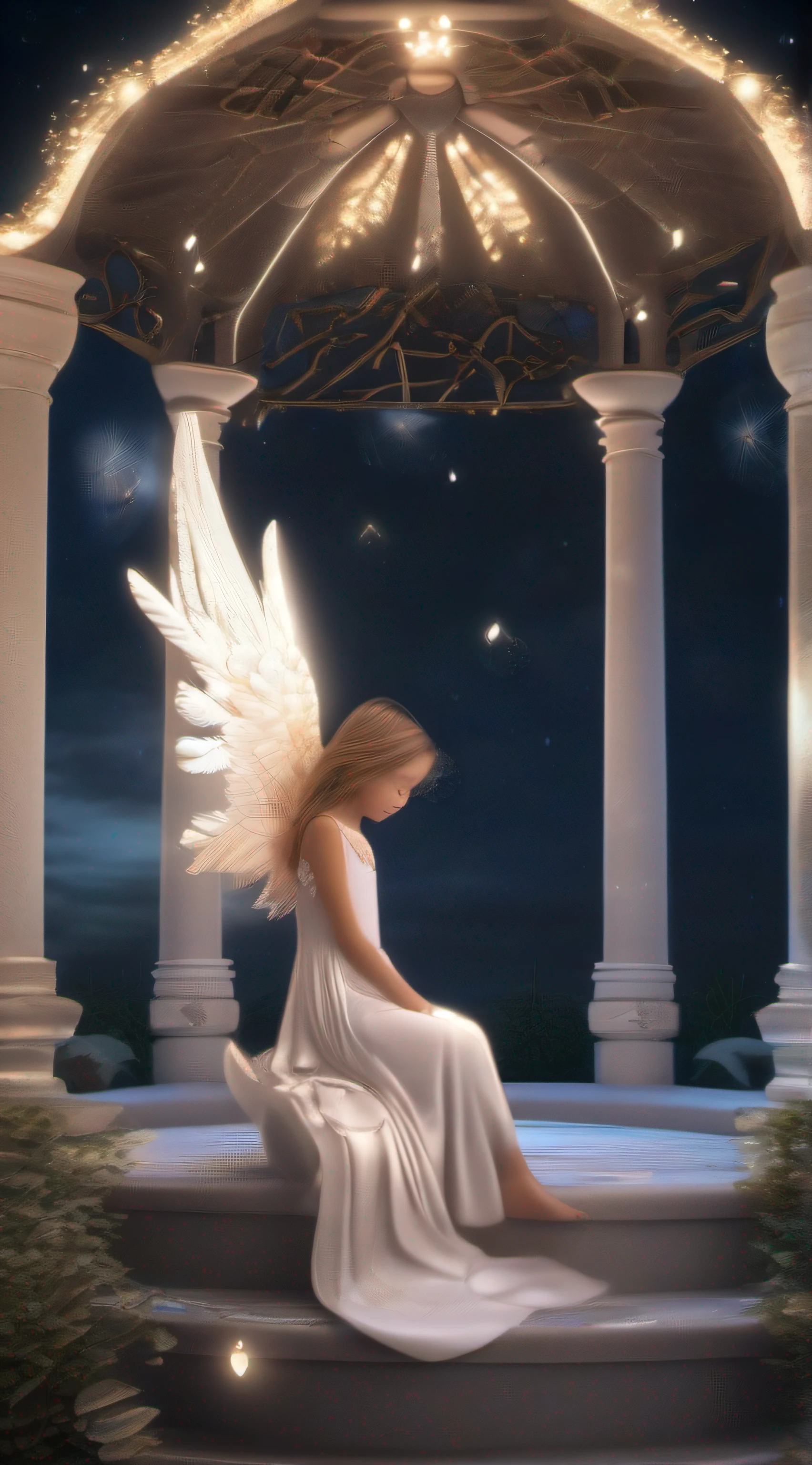 little cute angel with feathered wings looking to the night sky, ((gorgeous face)), ((realistic)), sitting on the outer egde marble gazebo at night garden and surrounded by white litle birds flying around her, all illuminated by the moon, intricate detailed, professional lighting, high definition, 8k, studio light