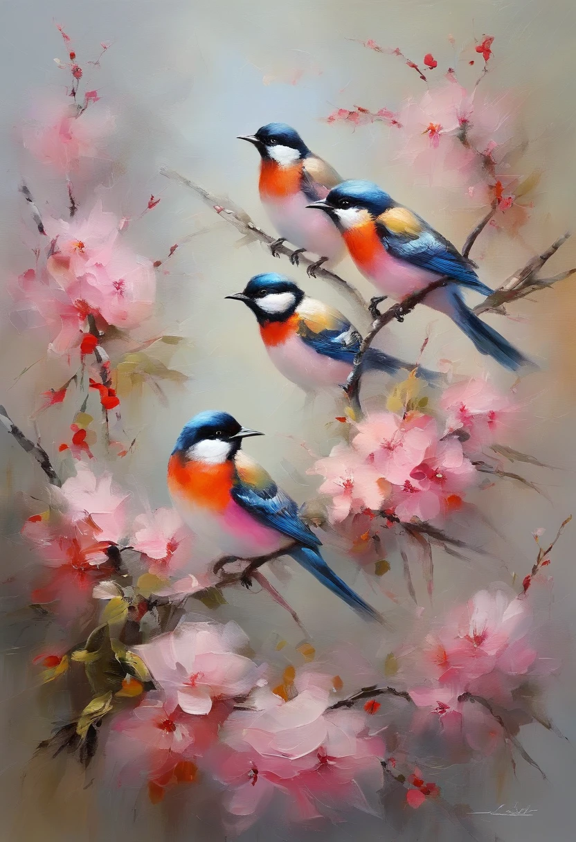 Birds stay in pink flowers,Take pollen, peach blossom