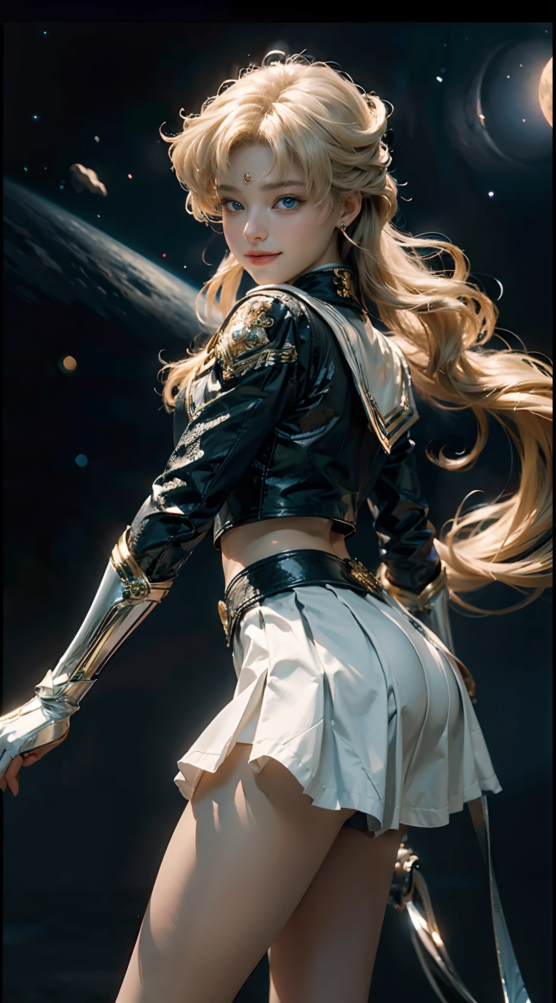 (Extreme detail CG Unity 8K wallpaper, masterpiece, highest quality), (exquisite lighting and shadow, highly dramatic picture, cinematic lens effect), (Sailor Moon: 1.1), charming smile, double tail, blue eyes, blond hair, tight top, white gloves, mini skirt, dynamic pose), the background is the universe (excellent detail, excellent lighting, wide angle), (excellent rendering, enough to stand out in its class),