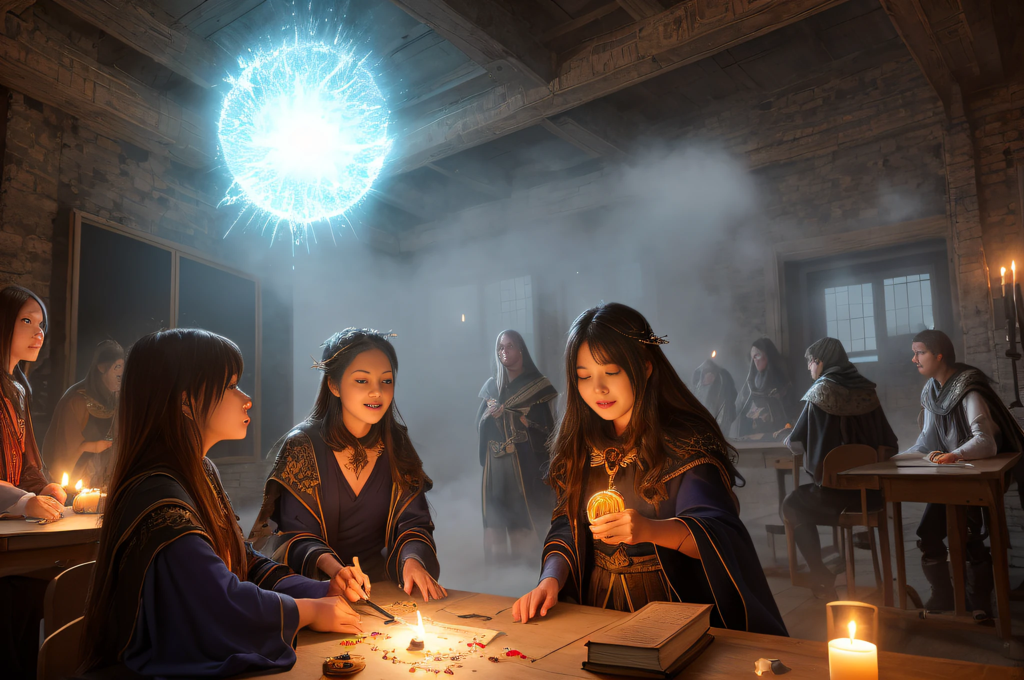 A magic class, a teacher in the background, students practicing magic spells, a colorful magic aura, glowing wands, smoke and fog enveloping the room, magic books and scrolls, flickering candles, glowing crystals and potions, an old wizard's robe, gestures casting spells and enchantments. Arcane symbols and seals engraved on the walls, mysterious and enchanting atmosphere, vibrant and dynamic energy, captivated expressions on students' faces, awe and wonder in their eyes, hands-on demonstrations and experiments, interactive and engaging teaching style, energy vortex magical. in the center of the room, whispers of ancient spells echoing in the air, illustrated diagrams and diagrams on the blackboard, familiar and magical creatures watching the class, lively and lively discussions, sparkling stardust scattered around the classroom, hidden secrets and potentials untapped, transformation and metamorphosis, pursuit of knowledge and wisdom in the realm of magic, unleashing the power of imagination. (best quality, 4k, 8k, high resolution, masterpiece: 1.2), ultra-detailed, (realistic, photorealistic, photorealistic: 1.37), HDR, UHD, studio lighting, ultra-fine photography, sharp focus, physics-based rendering Detailed Description extreme, professional, vivid colors, bokeh, portraits, landscapes, horror, anime, science fiction, photography, concept artists, bright and fantastic colors, soft and ethereal palette, subtle and dramatic lighting effects, bright and radiant atmosphere.(Image taken with a high-end professional camera: 1.3),Tolkien style