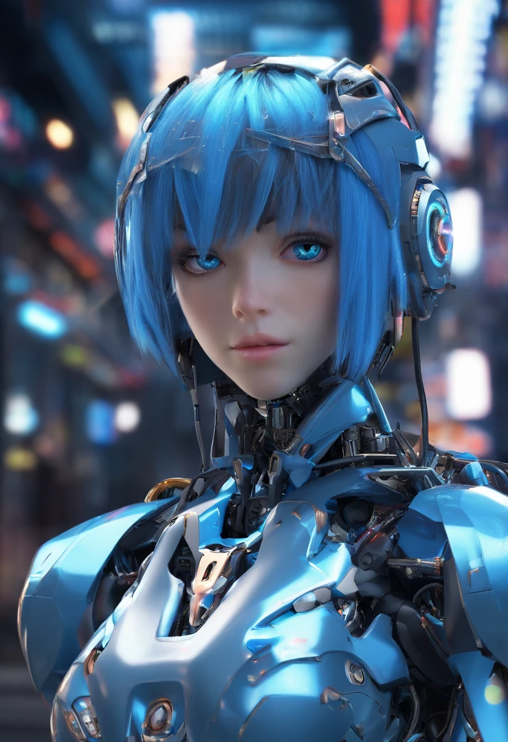 （Close-up portrait of blue haired woman and blue robot）, （anime robotic mixed with organic）, （Anime Mecha Optimus Prime：1.3）, （Japan man wearing mecha cyber armor:1.3），Unrealistic background， Trending on CGSTATION, Guviz,Cute cyborg man, Smooth blue armor, Guviz-style artwork,