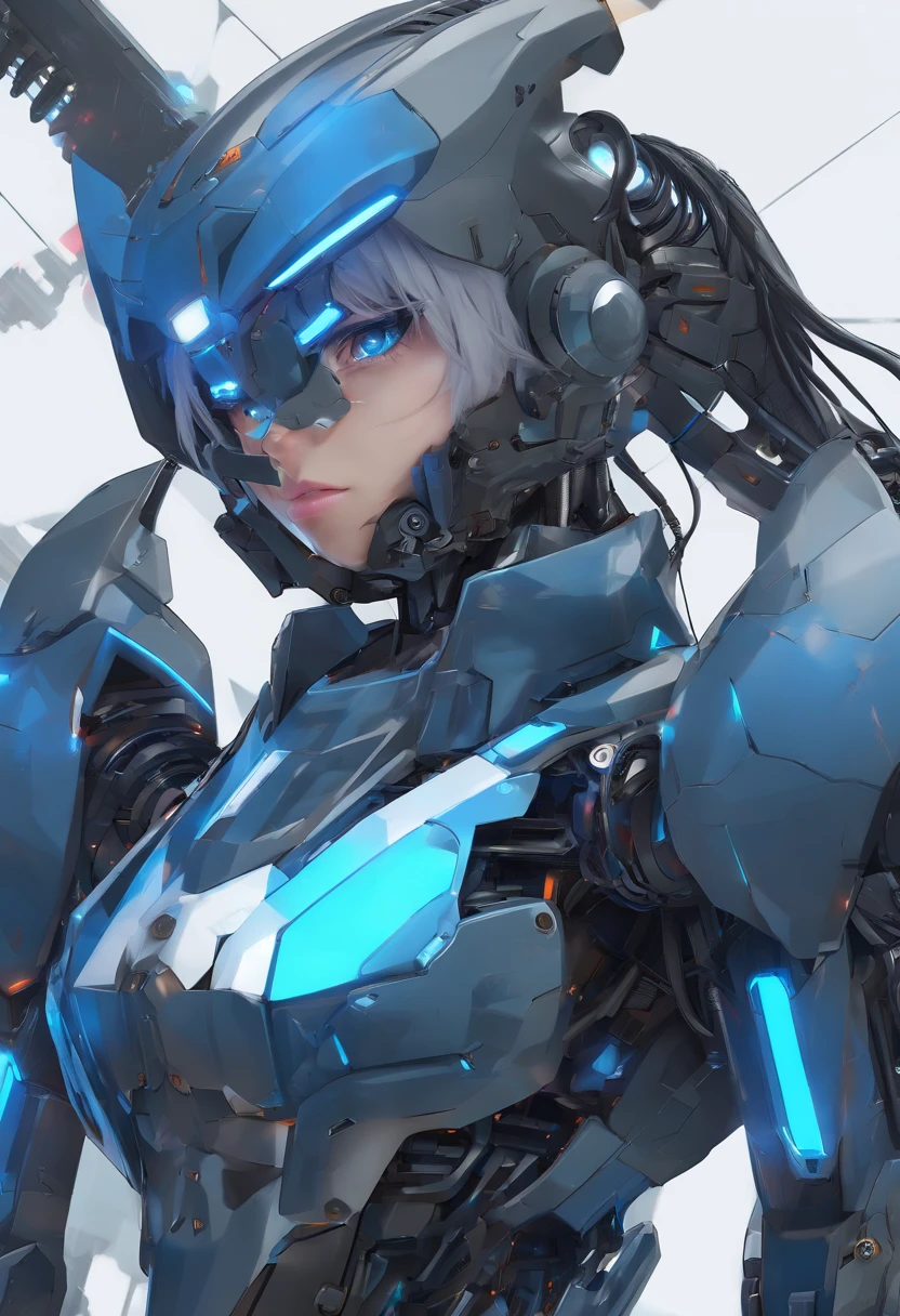 (Close-up portrait of blue haired woman and blue robot), (anime robotic mixed with organic), (Anime Mecha Optimus Prime:1.3), (Japan man wearing mecha cyber armor:1.3),Unrealistic background, Trending on CGSTATION, Guviz,Cute cyborg man, Smooth blue armor, Guviz-style artwork,