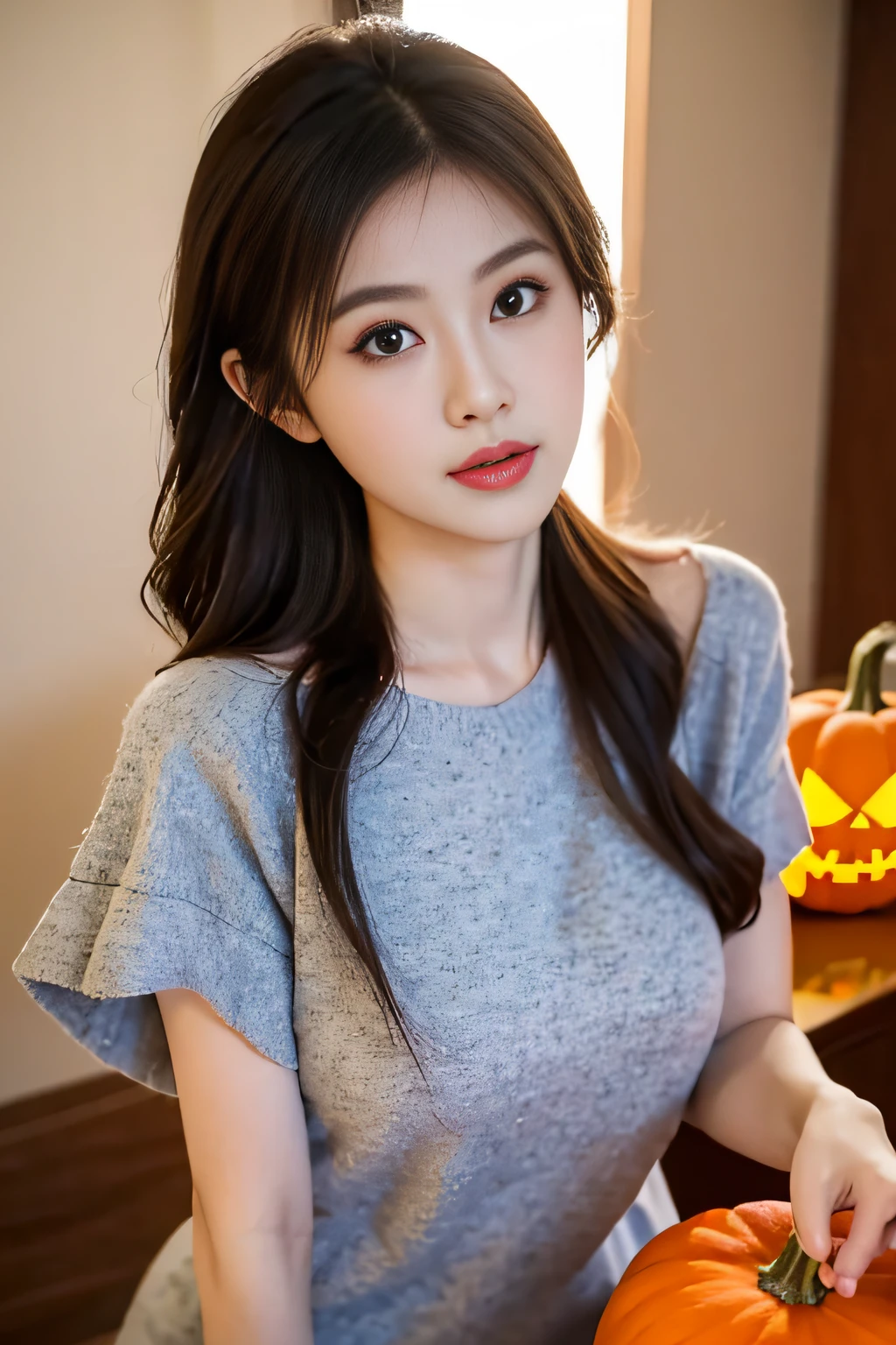 1girll，borgar，pumpkins，the bats，4K Ultra HD, 超高分辨率, (Photorealistic: 1.4), Best quality，Masterpiece，（pastel colour：1.2）