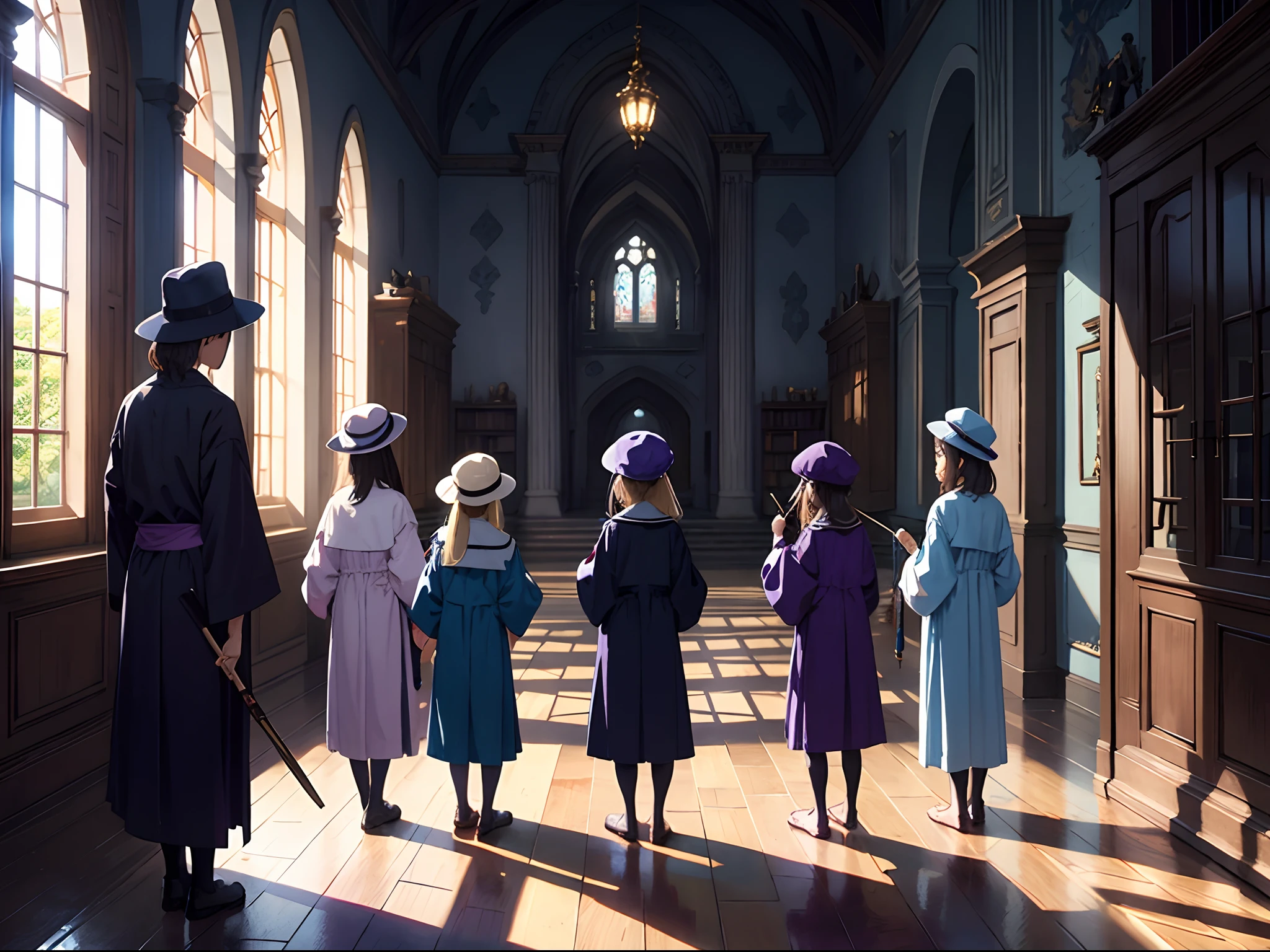 A group of children wearing robes and hats, holding wands and books, standing in front of a castle-like school of magic, Back shot, best quality, high resolution, 8K, Distant view, Color tones: Pastel colors with a touch of purple and black, Lighting: Soft and warm natural light, creating a serene atmosphere
