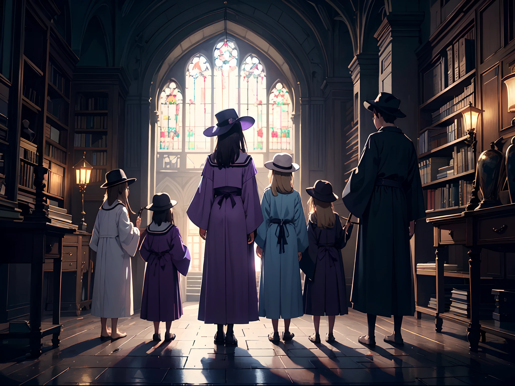 A group of children wearing robes and hats, holding wands and books, standing in front of a castle-like school of magic, Back shot, best quality, high resolution, 8K, Distant view, Color tones: Pastel colors with a touch of purple and black, Lighting: Soft and warm natural light, creating a serene atmosphere