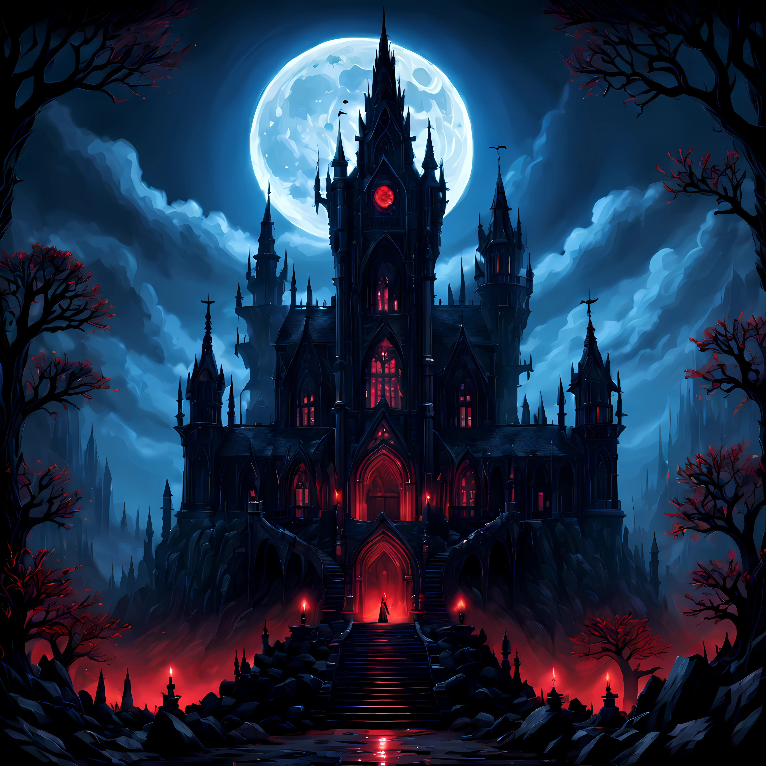 (Pixel art:1.5), (solo:1.3), (((front view))) ((((epic gothic magical academy)))) (((on a rocky hill))) ((eerie spiky architecture)) ((shiny blue magical steams around the academy)), (Bloodborne vibes:1.3), (huge red moon), ((cursed magical trees on the front of the scene)), pixel art