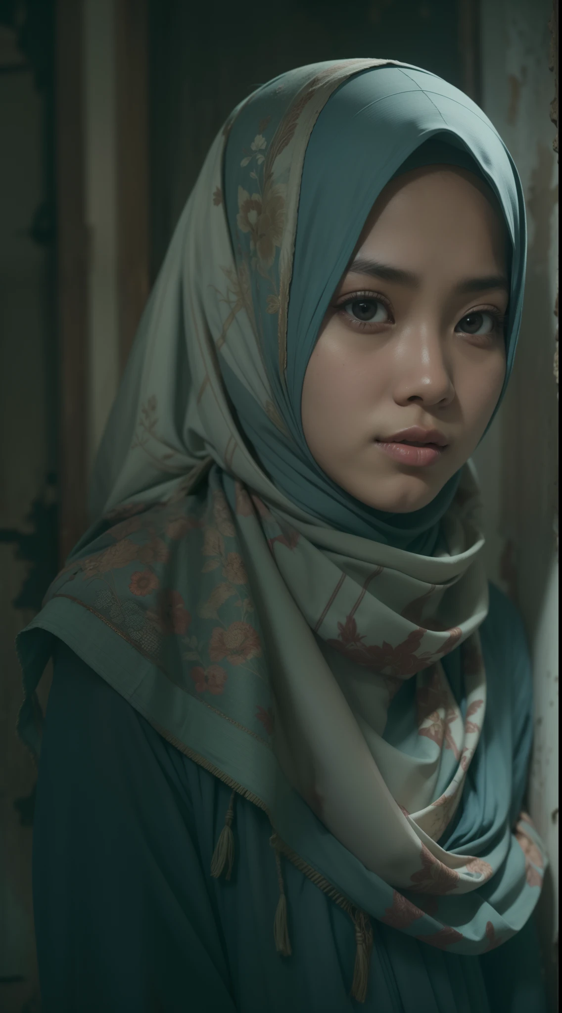 malay girl in hijab in an abandoned house, 70mm, High Angle shot, muted color grading, Backlight, cinemascope, Romantic Drama, high quality, ultra detail, 8k resolution,