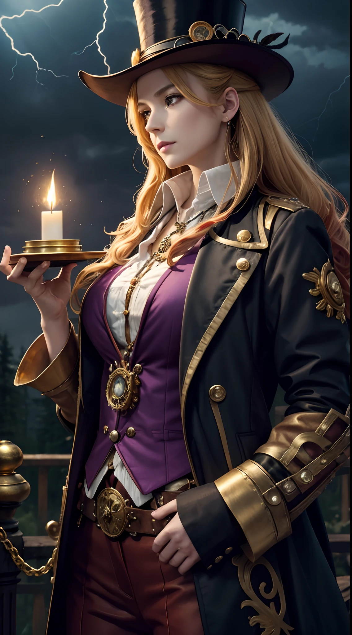 A steampunk woman with a top hat on her head and long blonde hair with red highlights. A closed shirt and a purple jacket buttoned up with small gold gears. Un collier de labradorite. She holds a book in one hand and in the other a lit golden lantern with a candle inside. The background of the scene is a stormy sky and a dark forest. A golden-haired wolf stands next to the woman.