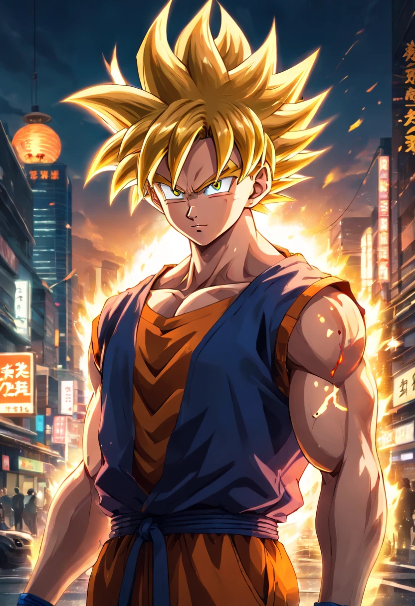 (best quality,4k,highres,masterpiece:1.2),ultra-detailed,(realistic,photorealistic:1.37),Goku with mafia-style clothing, black clothing, wristwatch, incredible details, perfect eyes, portraits,vivid colors,sharp focus,physically-based rendering,detailed hair,Men,dragonball Z character,martial artist,spikey hair, intense eyes, powerful,super saiyan,golden aura,anime style,background scene,night cityscape,mafia aesthetic,street lights,artificial light sources,creating dramatic effect, vibrant colors, tattoos, yakuza style, dark and mysterious atmosphere,criminal underworld,confident expression,swaggering posture,city skyline,sleek and stylish appearance,A detailed artwork of Goku in mafia-style clothing, wearing black clothes and a wristwatch. The artwork features incredible details, such as perfectly rendered eyes and hair. The portrait of Goku is done in a realistic and photorealistic style, with sharp focus and vivid colors. The artist has paid special attention to every aspect of Goku's appearance, from his spikey hair to his intense eyes. Goku is portrayed as a powerful martial artist with a golden aura, representing his Super Saiyan form. The artwork is done in an anime style, with a background scene depicting a night cityscape. The city is lit up by street lights and other artificial light sources, creating a dramatic effect. The vibrant colors and tattoos on Goku's body give the artwork a Yakuza-style mafia aesthetic, evoking a dark and mysterious atmosphere. Goku's confident expression and swaggering posture convey his status as a formidable figure in the criminal underworld. The city skyline in the background adds to the sleek and stylish appearance of the artwork.