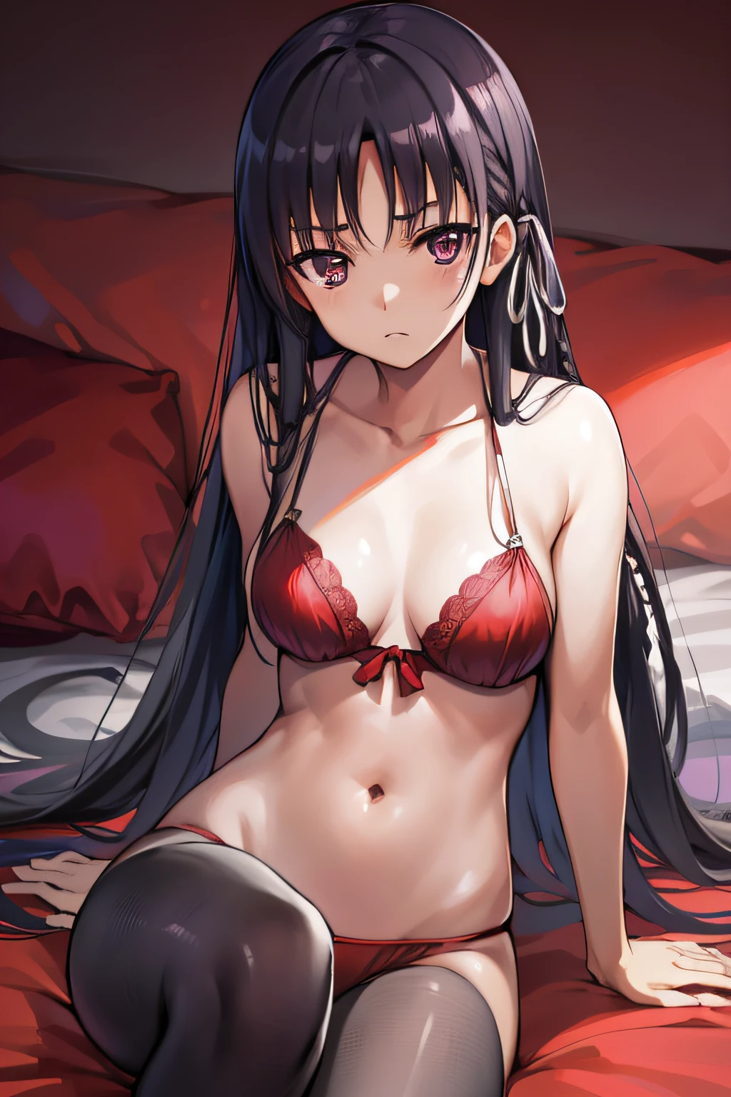 suzunehorikita, suzune horikita, black hair, braid, long hair, (purple eyes:1.1), in red lingerie, best quality, high resolution, unity 8k wallpaper