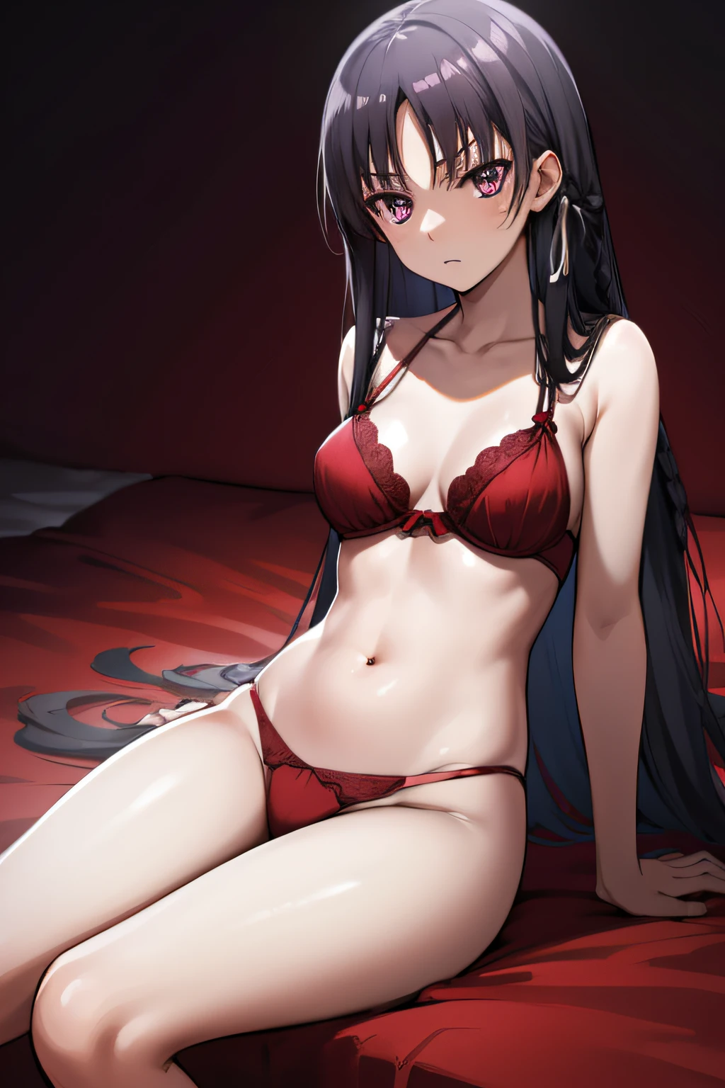 suzunehorikita, suzune horikita, black hair, braid, long hair, (purple eyes:1.1), in red lingerie, best quality, high resolution, unity 8k wallpaper