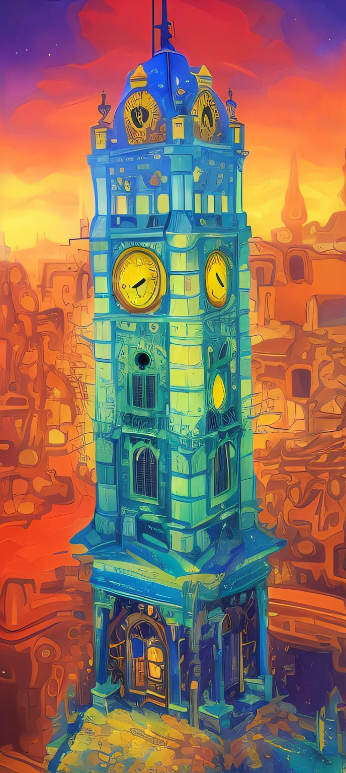 drawing of a fantasy based clock tower with a sky background, maximalism digital art, clocktower, elaborate digital art, clock tower,
