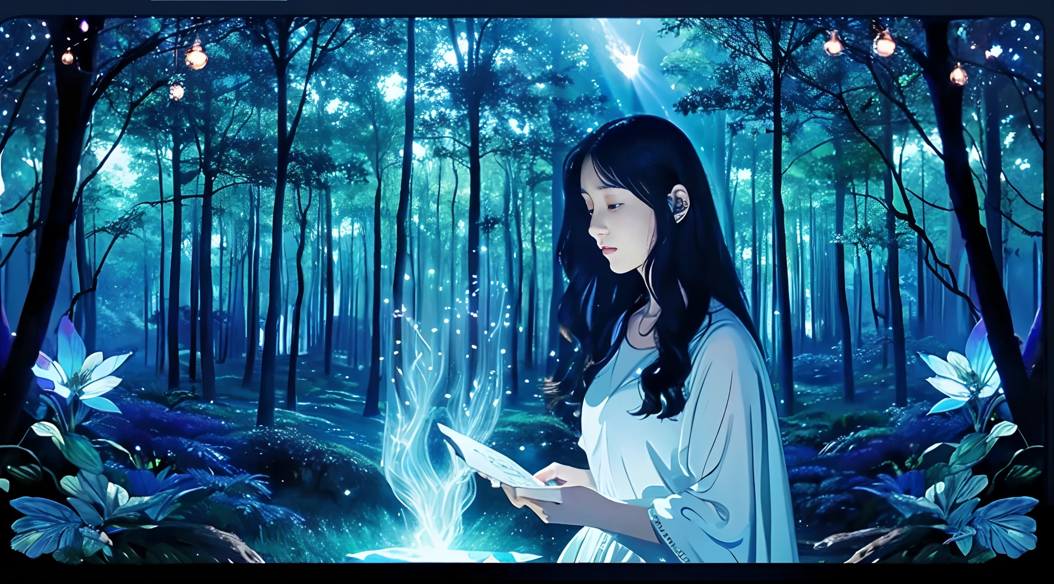 Standing in the forest at night、Female figure around 23 years old、Generate mystical images of your drawings、In her hands is a luminous jewel、The tree々The moonlight that leaks through the space illuminates her