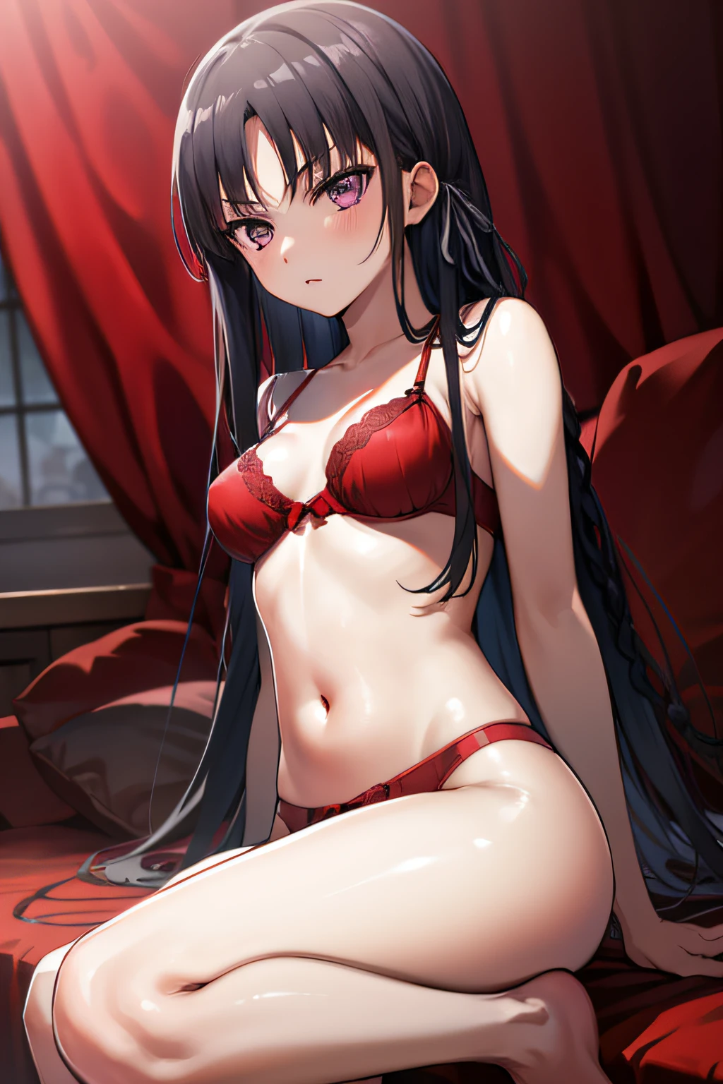 suzunehorikita, suzune horikita, black hair, braid, long hair, (purple eyes:1.1), in red lingerie, best quality, high resolution, unity 8k wallpaper