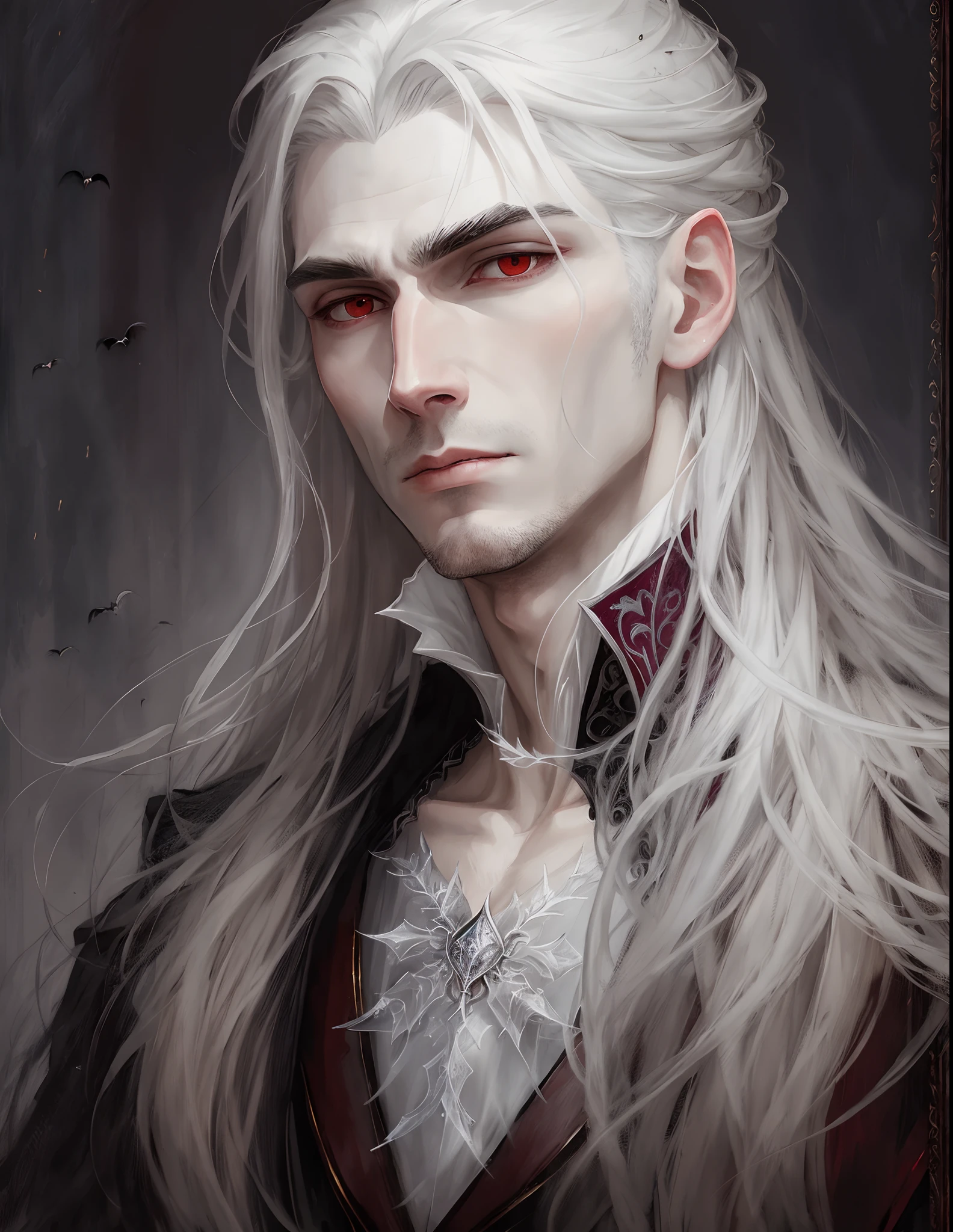 A vampire male portrait painting, baroque style, he has medium long grey hair, a pale face, no beard, masculin face and a frozen look. --auto --s2