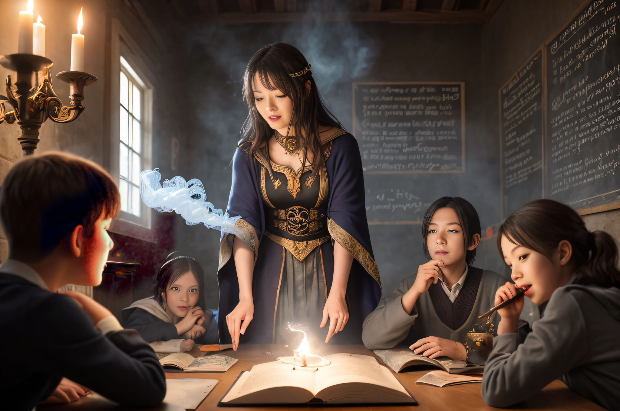A magic class, a teacher in the background, students practicing magic spells, a colorful magic aura, glowing wands, smoke and fog enveloping the room, magic books and scrolls, flickering candles, glowing crystals and potions, an old wizard's robe, gestures casting spells and enchantments. Arcane symbols and seals engraved on the walls, mysterious and enchanting atmosphere, vibrant and dynamic energy, captivated expressions on students' faces, awe and wonder in their eyes, hands-on demonstrations and experiments, interactive and engaging teaching style, energy vortex magical. in the center of the room, whispers of ancient spells echoing in the air, illustrated diagrams and diagrams on the blackboard, familiar and magical creatures watching the class, lively and lively discussions, sparkling stardust scattered around the classroom, hidden secrets and potentials untapped, transformation and metamorphosis, pursuit of knowledge and wisdom in the realm of magic, unleashing the power of imagination. (best quality, 4k, 8k, high resolution, masterpiece: 1.2), ultra-detailed, (realistic, photorealistic, photorealistic: 1.37), HDR, UHD, studio lighting, ultra-fine photography, sharp focus, physics-based rendering Detailed Description extreme, professional, vivid colors, bokeh, portraits, landscapes, horror, anime, science fiction, photography, concept artists, bright and fantastic colors, soft and ethereal palette, subtle and dramatic lighting effects, bright and radiant atmosphere.(Image taken with a high-end professional camera: 1.3),Tolkien style