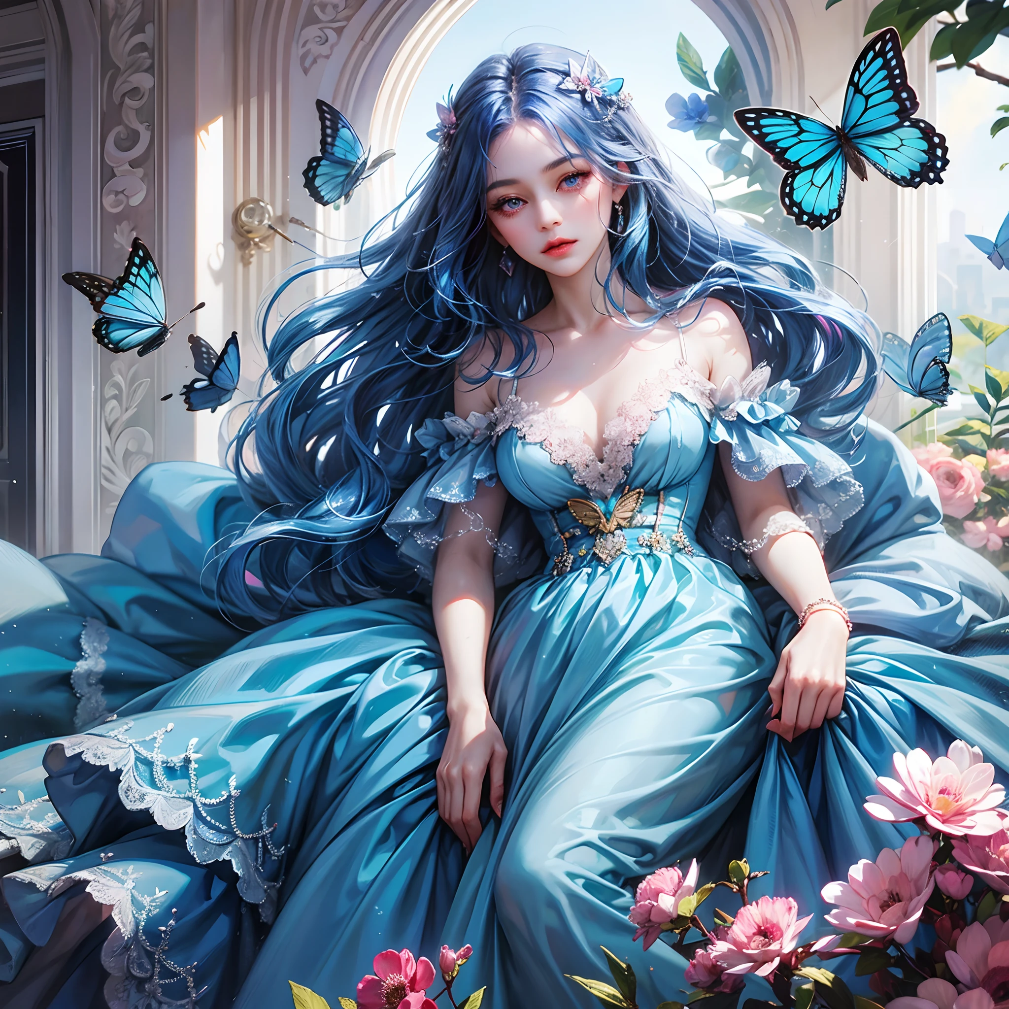 a women, blue butterfly, blue hair, pink eyes, blue dress