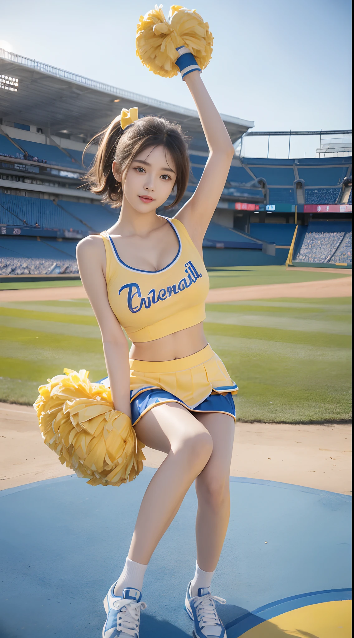 (Best Quality, master piece, Ultra high resolution, (Photorealsitic:1.4), Raw photo, extremely detailed), cowboy shot, dynamic pose, (1girl, -yeld, Jaese idol and the most popular cheerleader, dancing at school festival's stage, upturned ass), (wearing yellow Cheerleader's sleeveless shirt and yellow pleated mini skirt), Holding pom-poms in her both hands, (((amazingly cute smile, extremely cute face like a Japanese famous idol, surprisingly beautiful big black eyes))), detailed face, detailed eyes, detailed hair, detailed body, detailed hands, detailed arms, detailed thighs