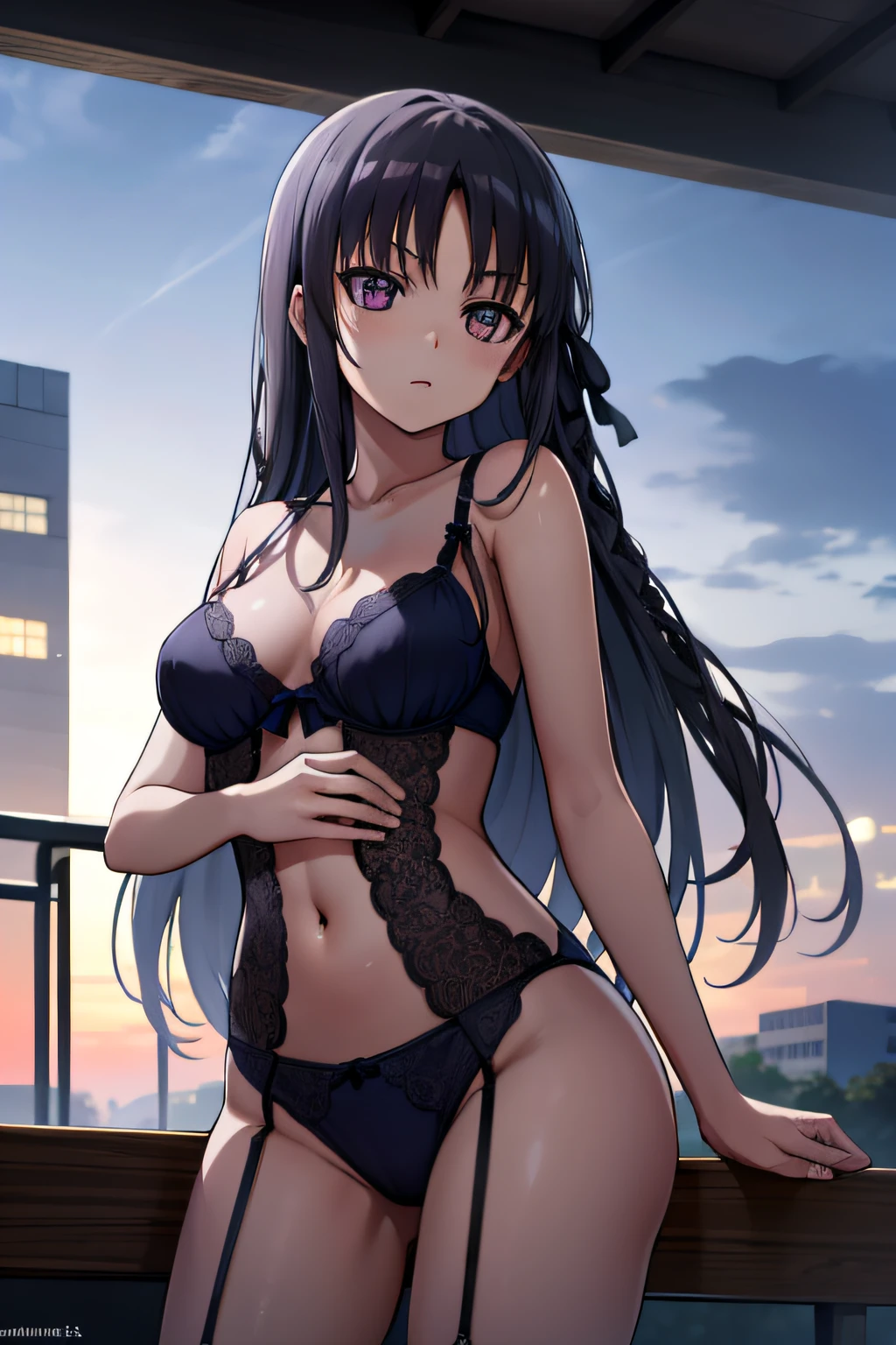 suzunehorikita, suzune horikita, black hair, braid, long hair, (purple eyes:1.1), in a lingerie, best quality, high resolution, unity 8k wallpaper
