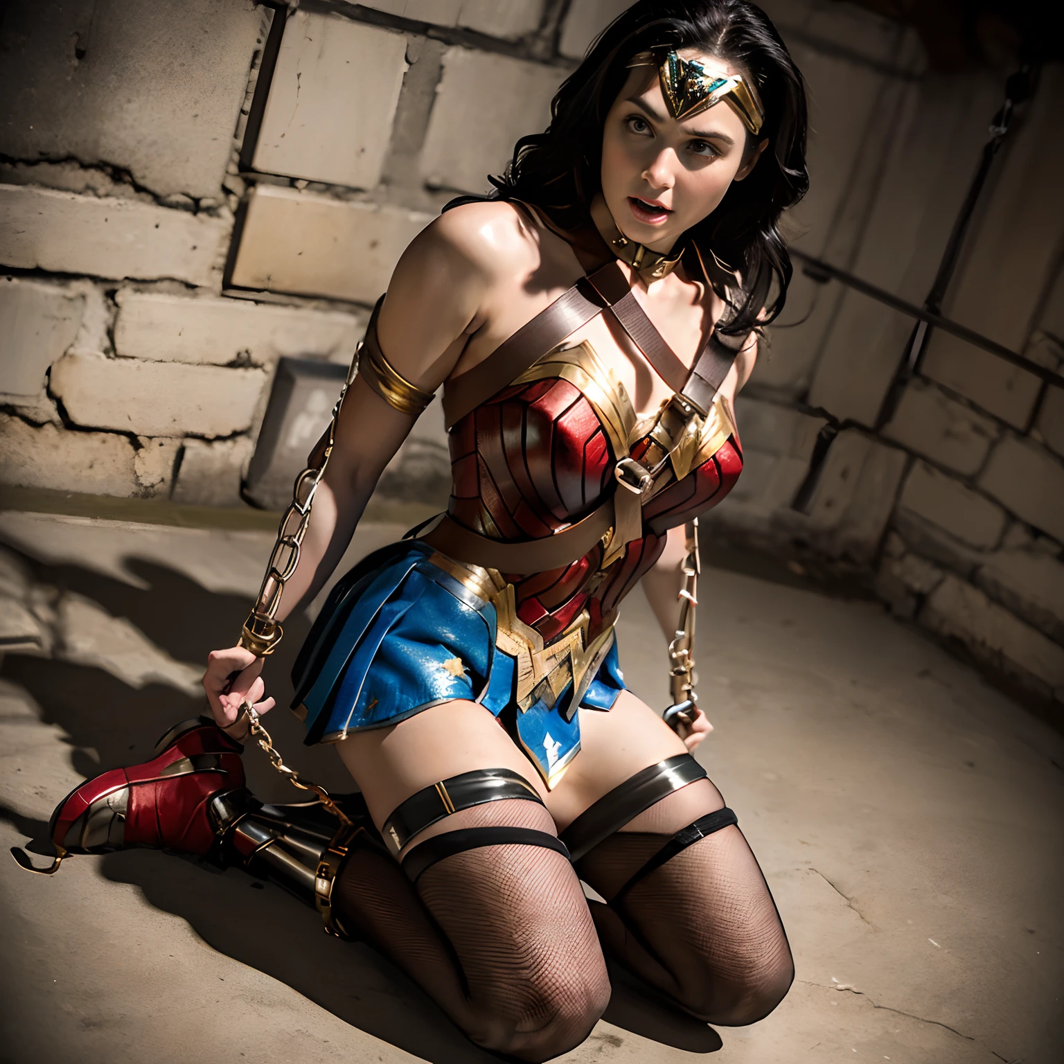 (Wonder Woman), on knee, (tied up), (handcuff:1.1), tied, bound, (Wonder Woman with skirt:1.3), ropes all over her body, (Restrained:1.5), BDSM, (angle from up) , (dress up) , unnaked, , (angry), spread leg, (chained) , black collar, in dungeon,
