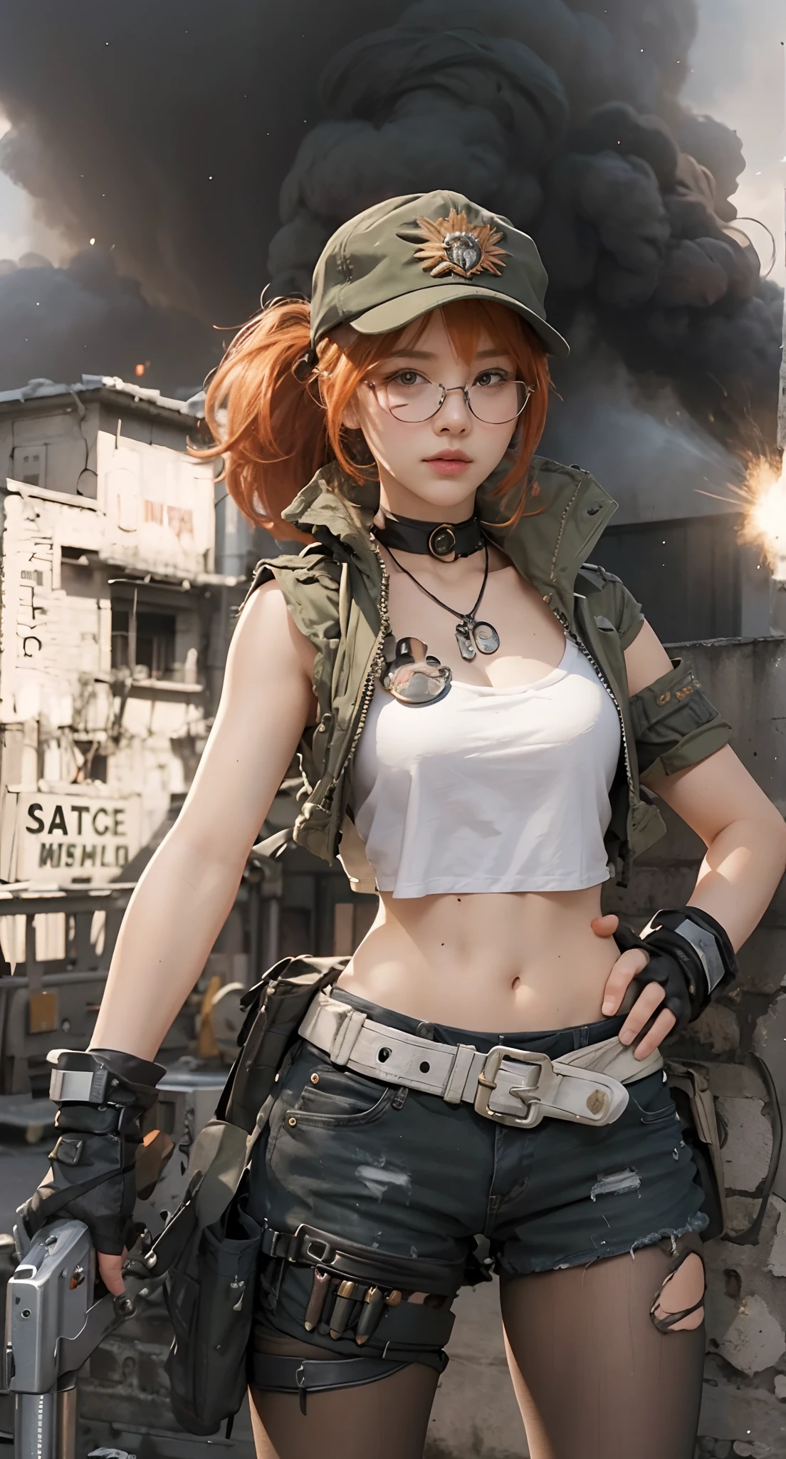 Real life adaption of this character, beauty face,looking to viewer,realistic same orange hair,realistic battlefield background with black smoke, hyper realistic, realistic light, realistic shadow, realism,(photorealistic:1.2), (realistic same outfit), realistic same accecories , holding realistic pistol,wear round glasses