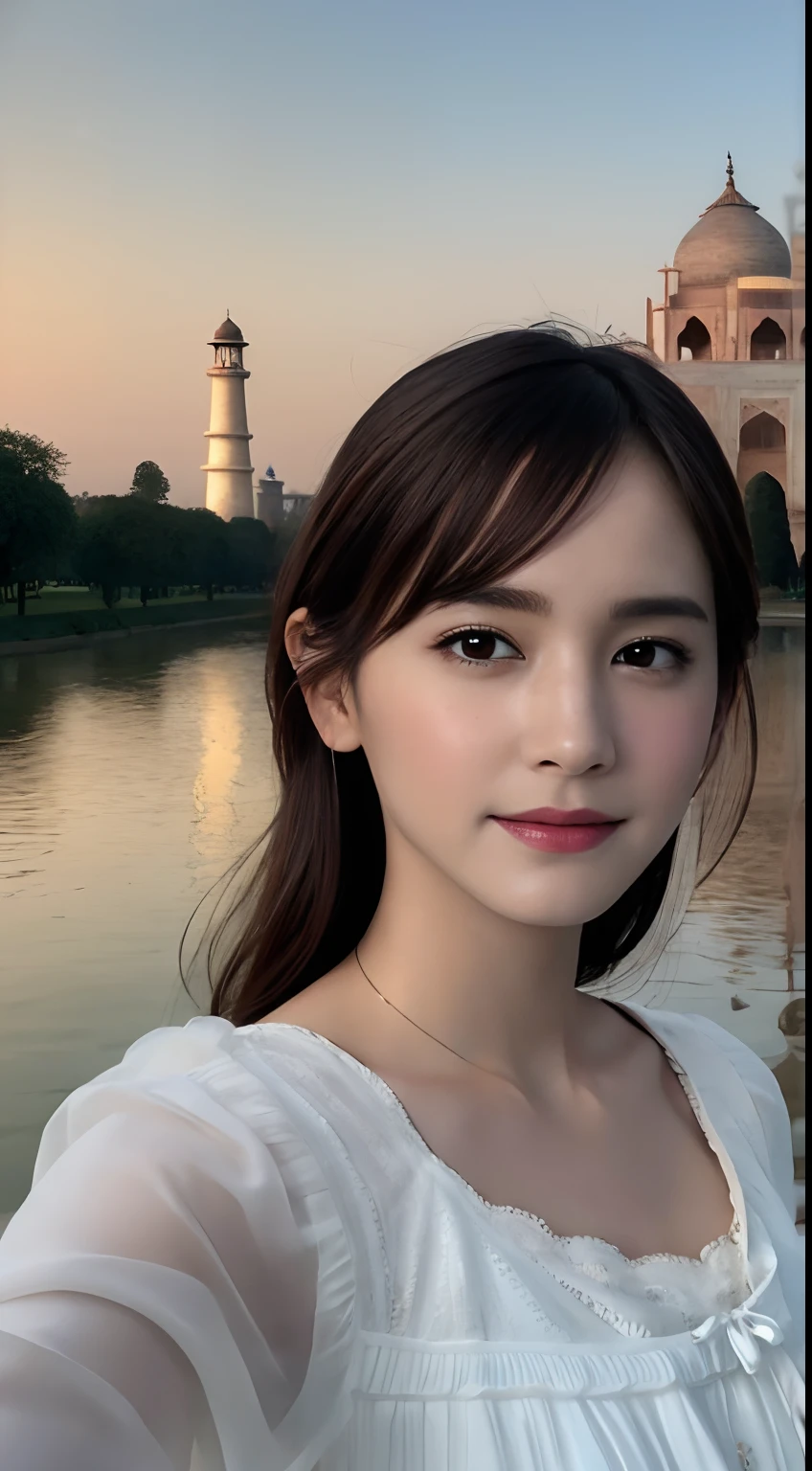 (A hyper-realistic), (hight resolution), (8K), (ighly detailed),  (beatiful detailed eyes), (top-quality), (ultra-detailliert), (​masterpiece), (A detailed face), softfocus、face of emma watson、Colossal tits、japanes、Taj Mahal in the background、You can see the front of the Taj Mahal、Traditional Indian costume、A smile、