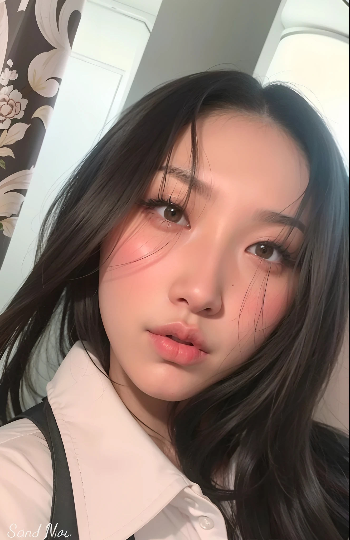 there is a woman with long hair and a white shirt, young cute wan asian face, Sexy Serious Face, looking at the camera, 29 anos, Hwasa cantora de Kpop, Asian face, Garota sexy, olhar dominante, menina coreana, imagem de perfil, Asian girl, 30 anos, Hwasa do Mamamoo, detailed face of a asian girl, Mulher sul-coreana bonita, wan adorable korean face, linda mulher coreana jovem, korean symmetrical face, serious face