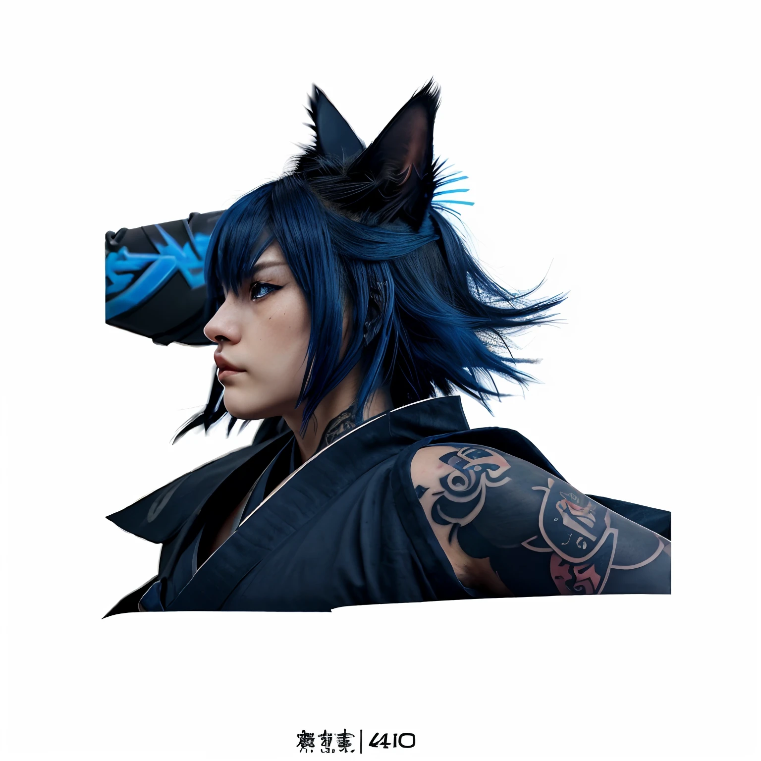 ((Left profile))Cat Warrior、Wearing a kimono-style combat uniform、Tattoo on the body、He has cool sharp blue eyes、masuter piece、High Quality、4K