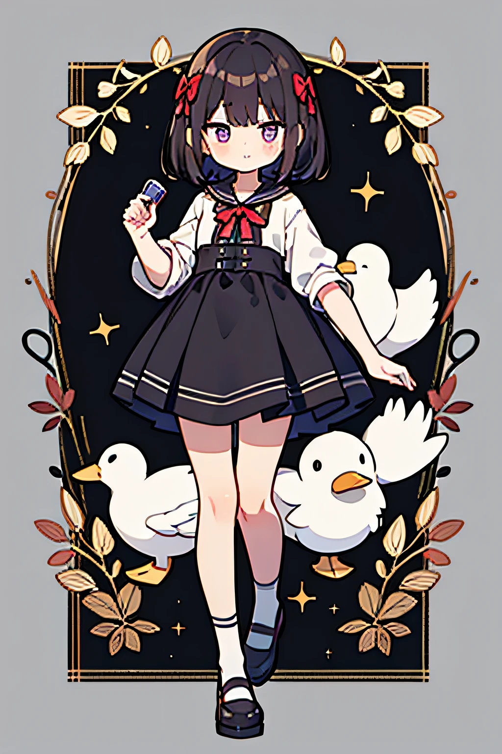 Stuffed Duck, girl, solo, full body, A dark-haired